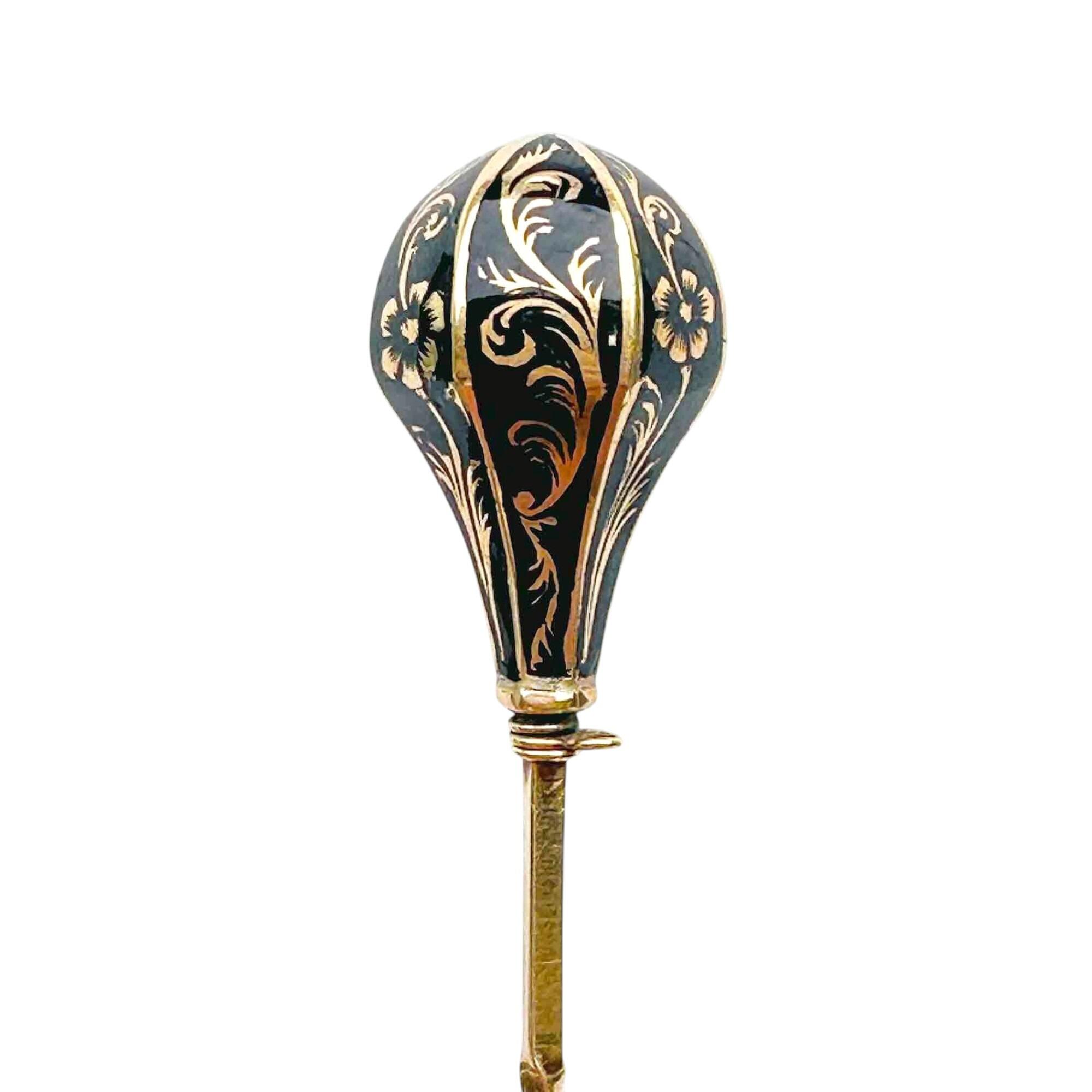 Victorian 14ct black enamel sceptre stick pin with foliate and floral gold inlay detailing on barley twist pin