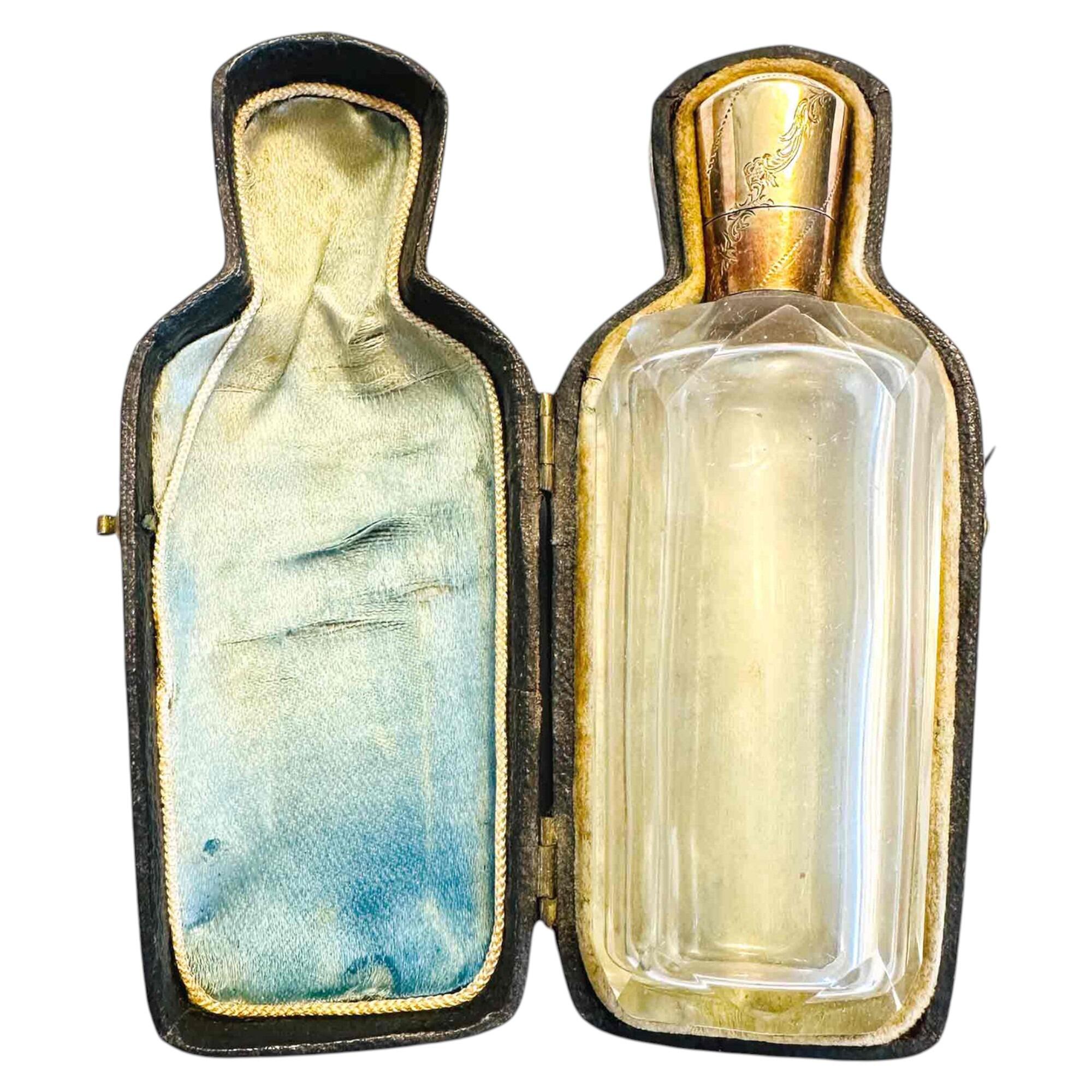 Dutch glass perfume scent bottle with gold lid in leather case