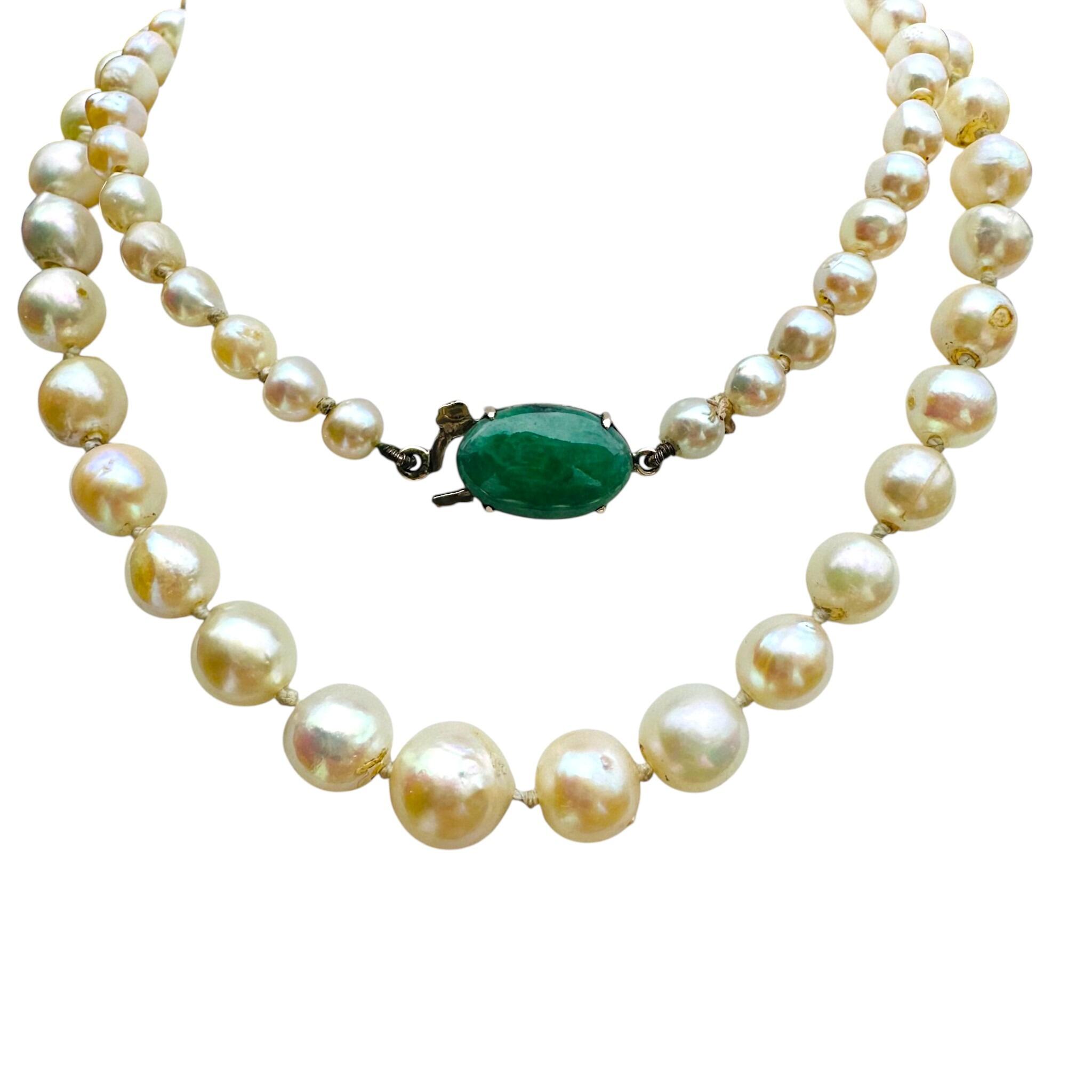 Antique Cultured Saltwater Baroque Pearl & 14k Gold Jadeite Clasp Necklace with white background