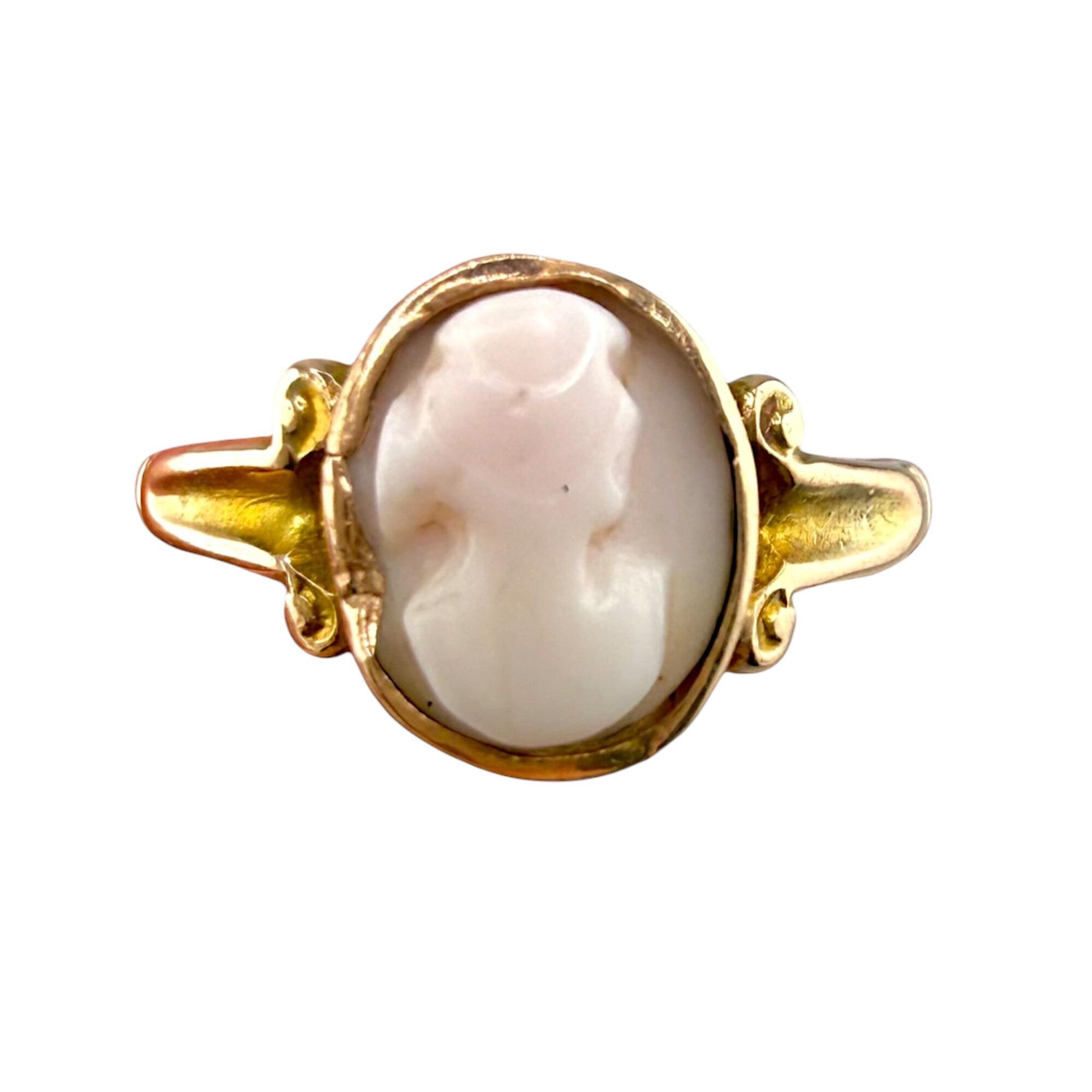 front view of Antique Gold Cameo Shell Ring Chester 1917 with grey background