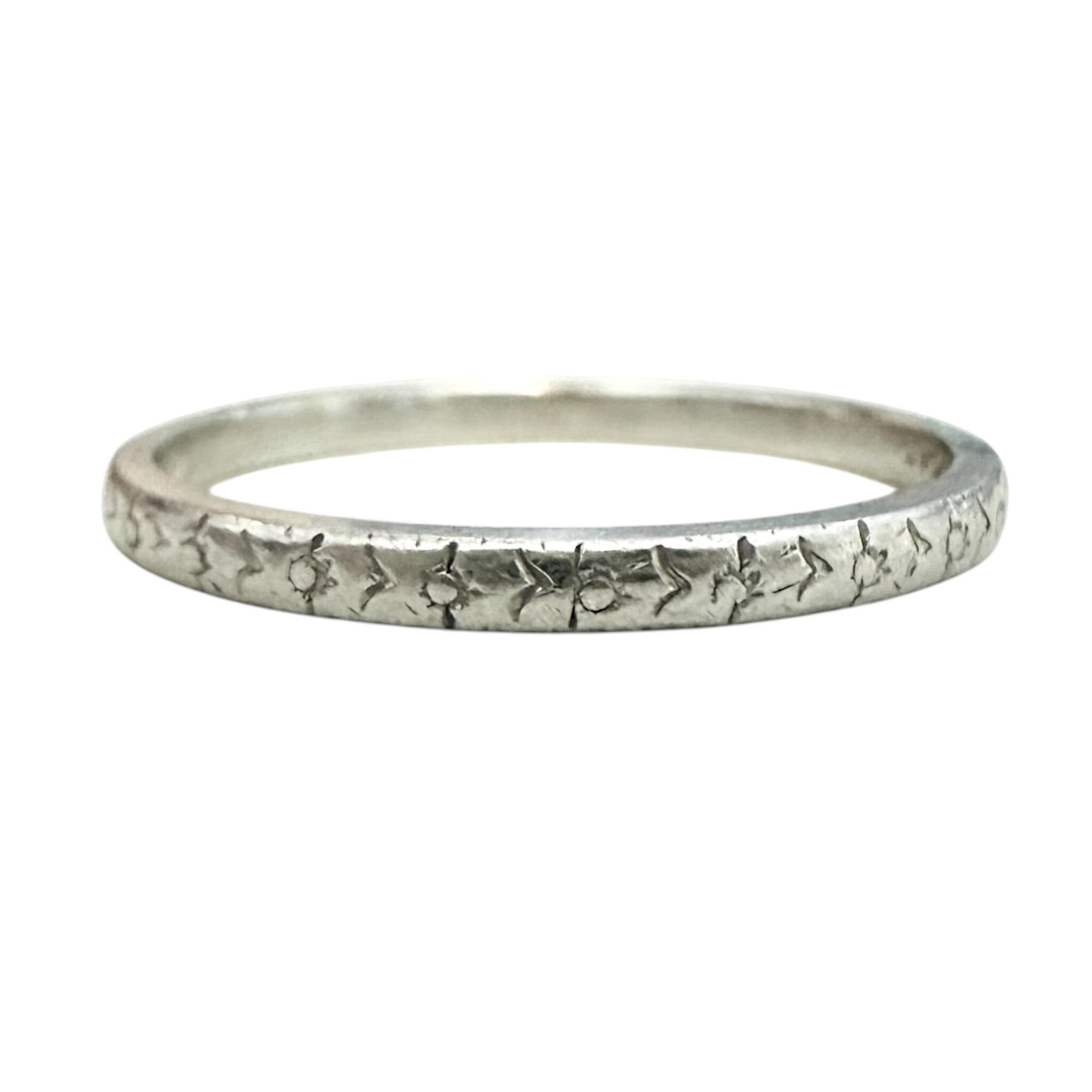 front  view of Antique Art Deco  Hand Engraved Platinum Wedding Ring, with white background