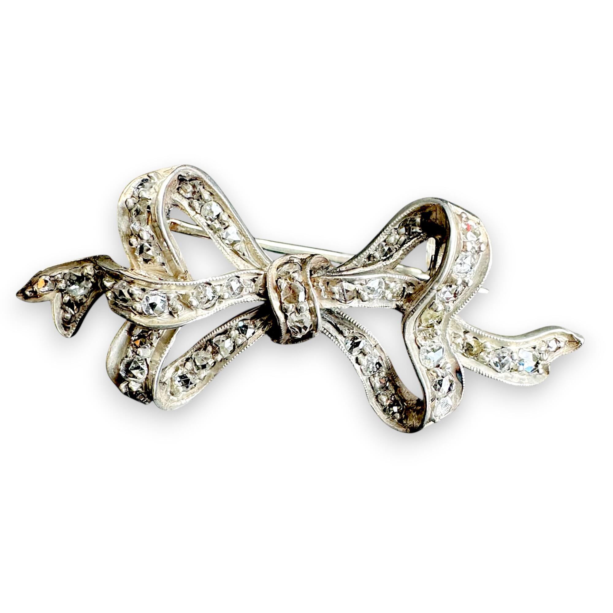 Antique Victorian Rose Cut Diamond Bow Brooch, with white background