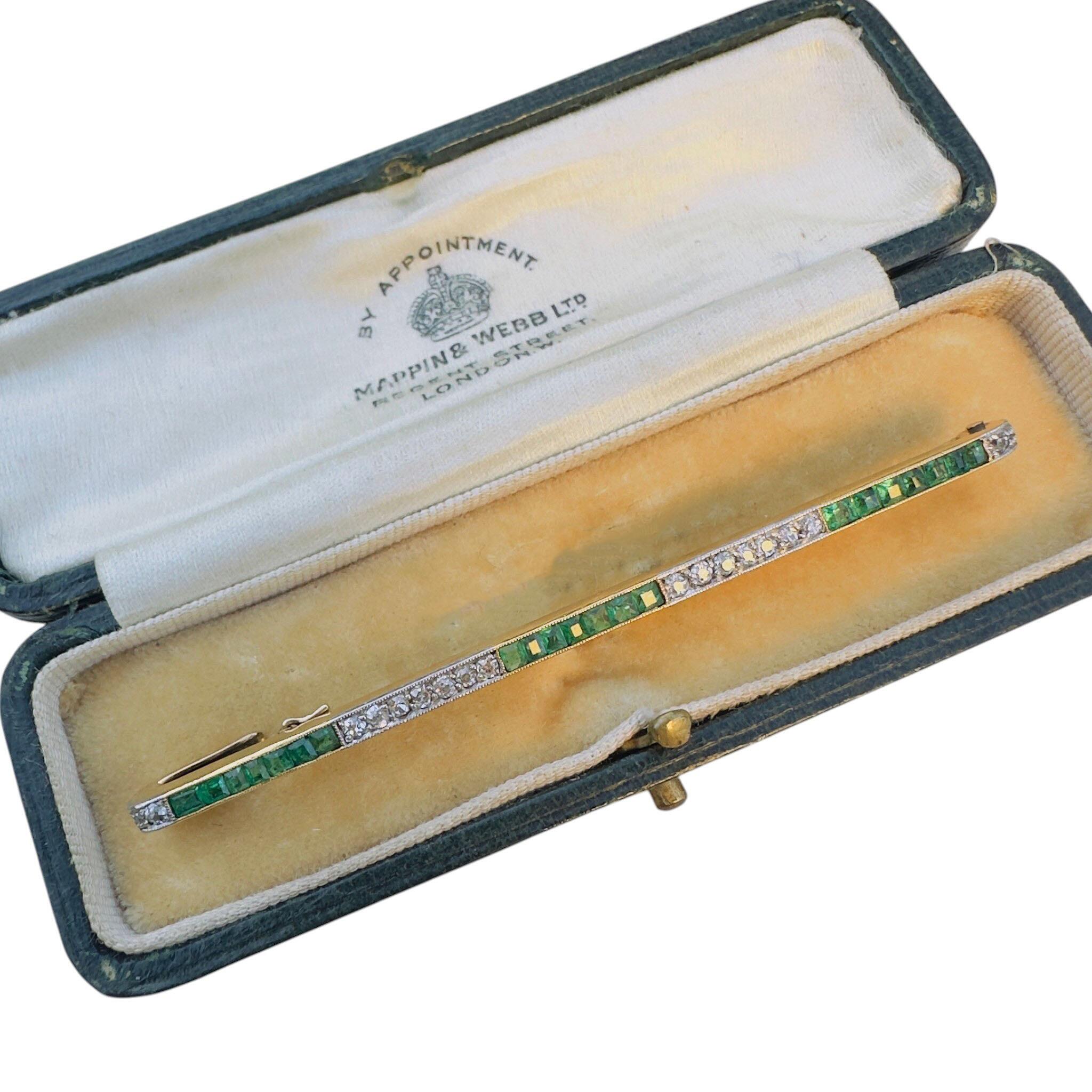 Art Deco 14ct Gold Emerald & Old Cut Diamond Bar Brooch