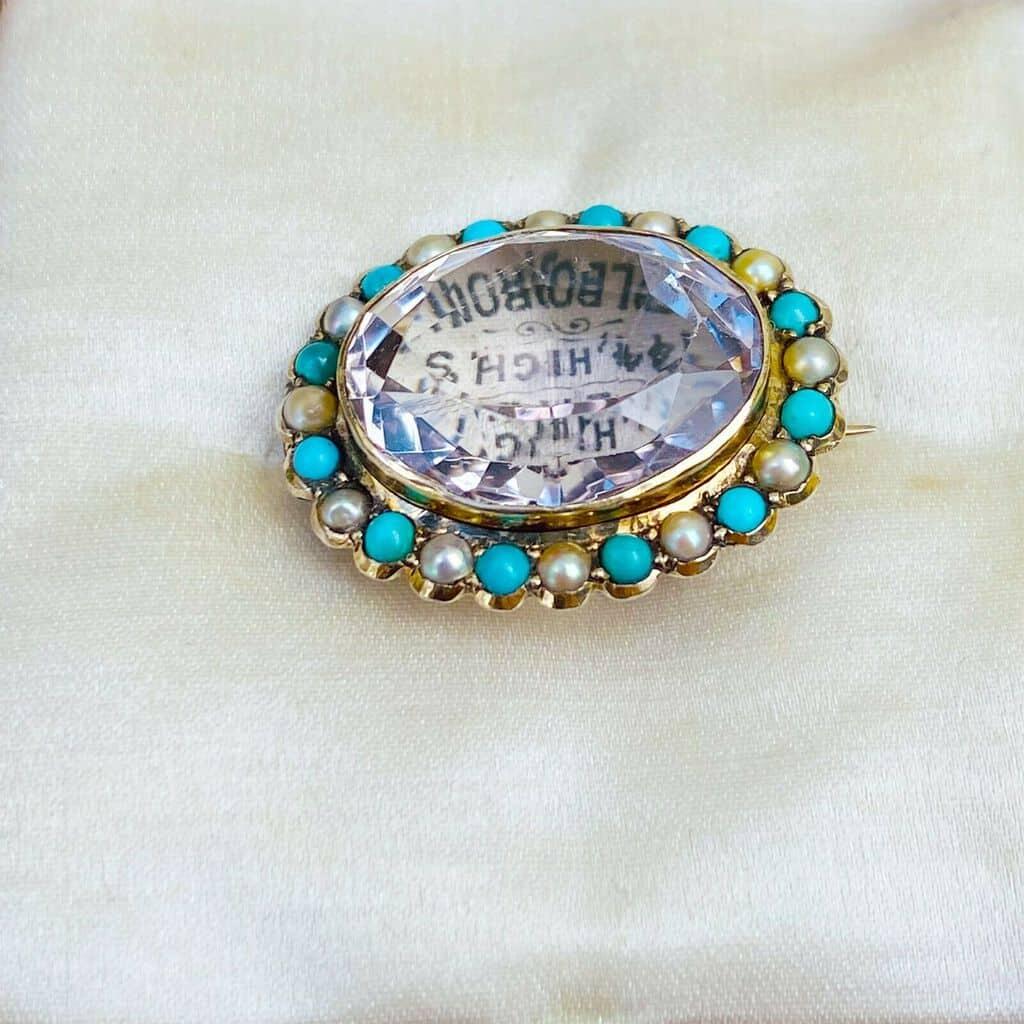 Antique Oval Amethyst Brooch with Pearl and Turquoise Border