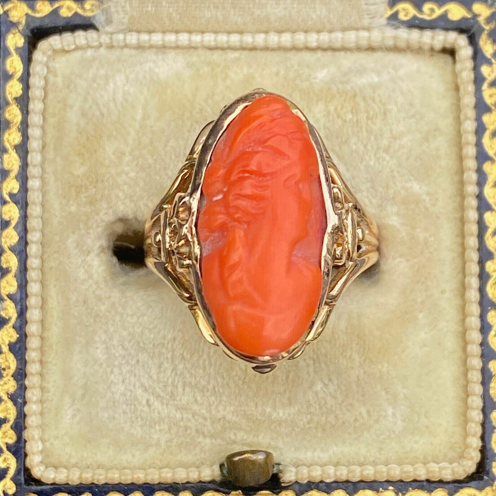 SOLD - Antique, Edwardian 10ct Gold Carved Coral Portrait Ring