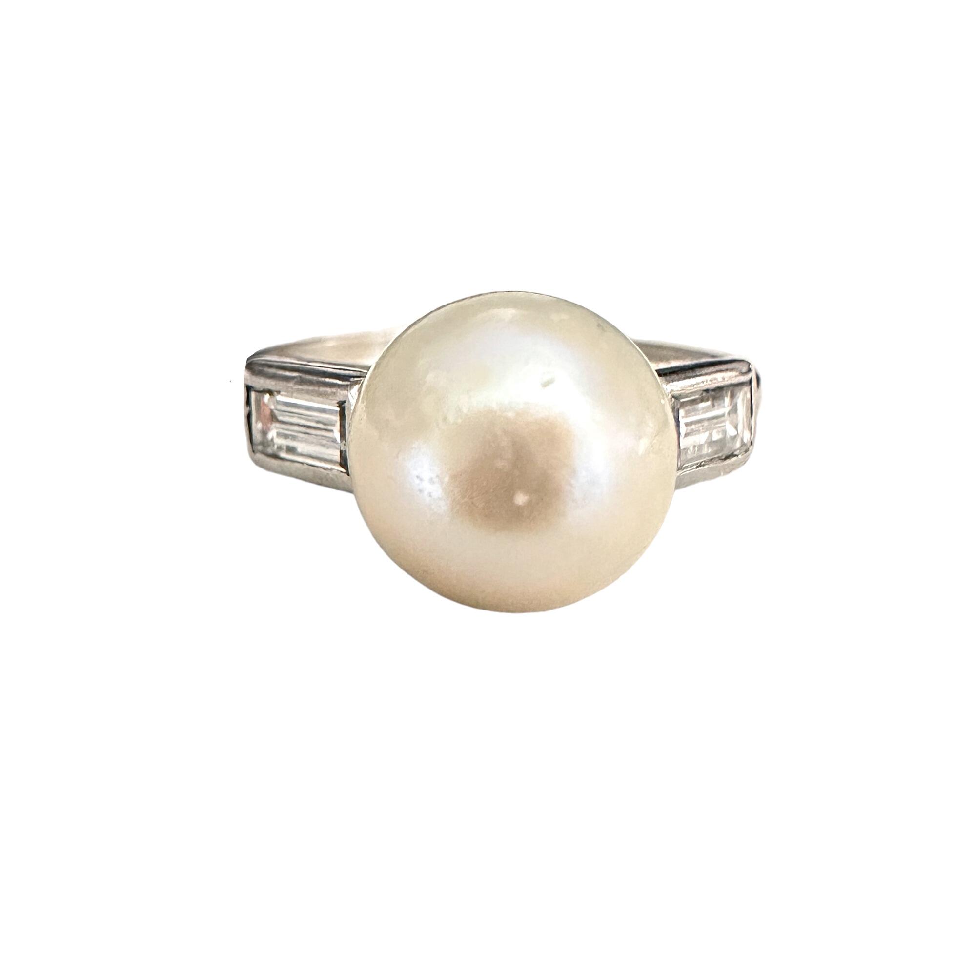 SOLD - Art Deco, Platinum, Cultured Pearl & Baguette Diamond Ring