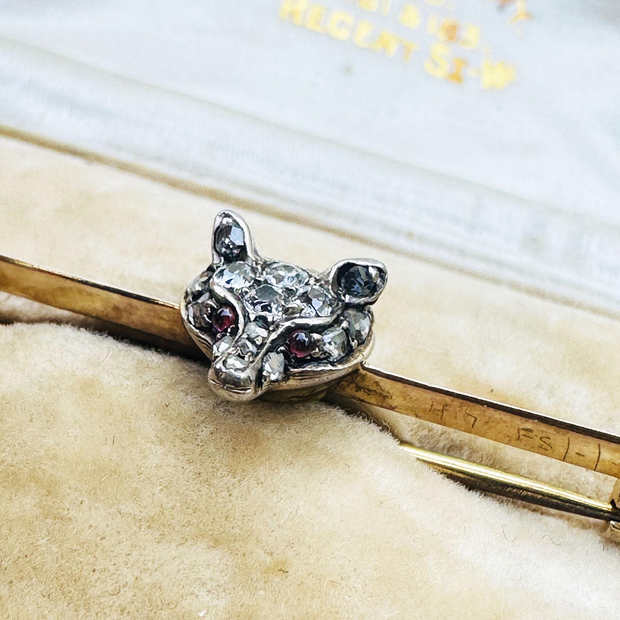 Victorian 15ct Gold Diamond & Ruby eyed fox brooch with pearl finials in original box.