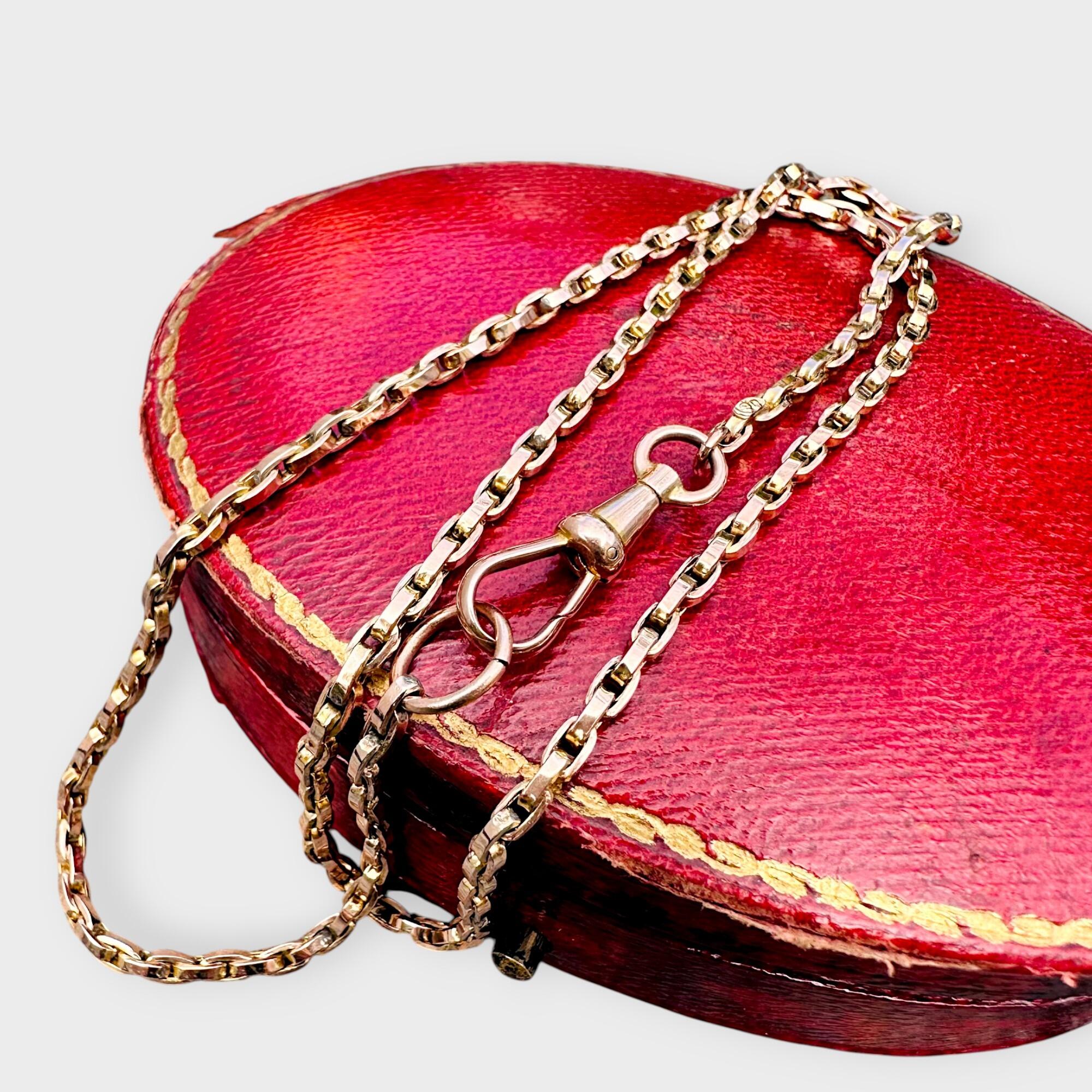 Victorian 9k rose gold bike chain necklace with dog clip clasp – on antique box