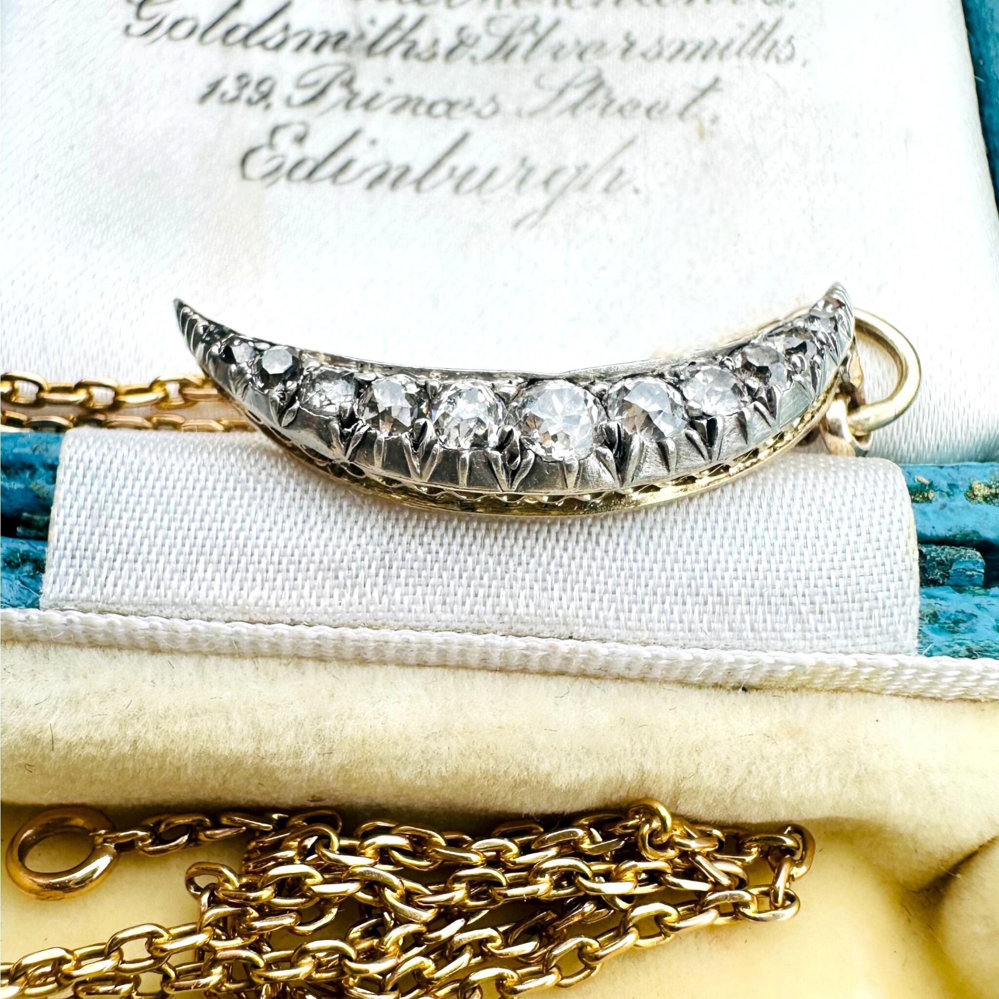 Victorian Diamond Crescent Moon Pendant – 0.80ct Old Cut Diamonds in Silver & 15k Gold, in antique box.