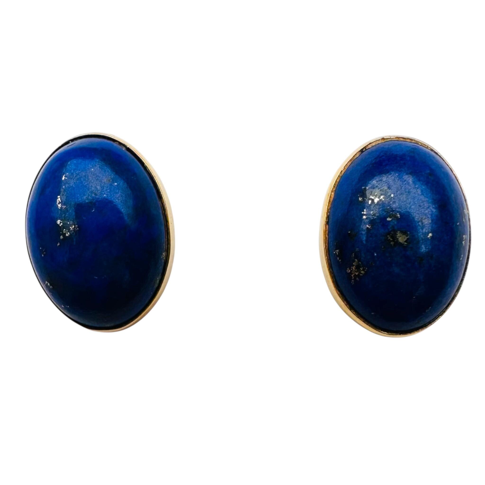 close up of Gold Oval Lapis Lazuli Stud Earrings, white background