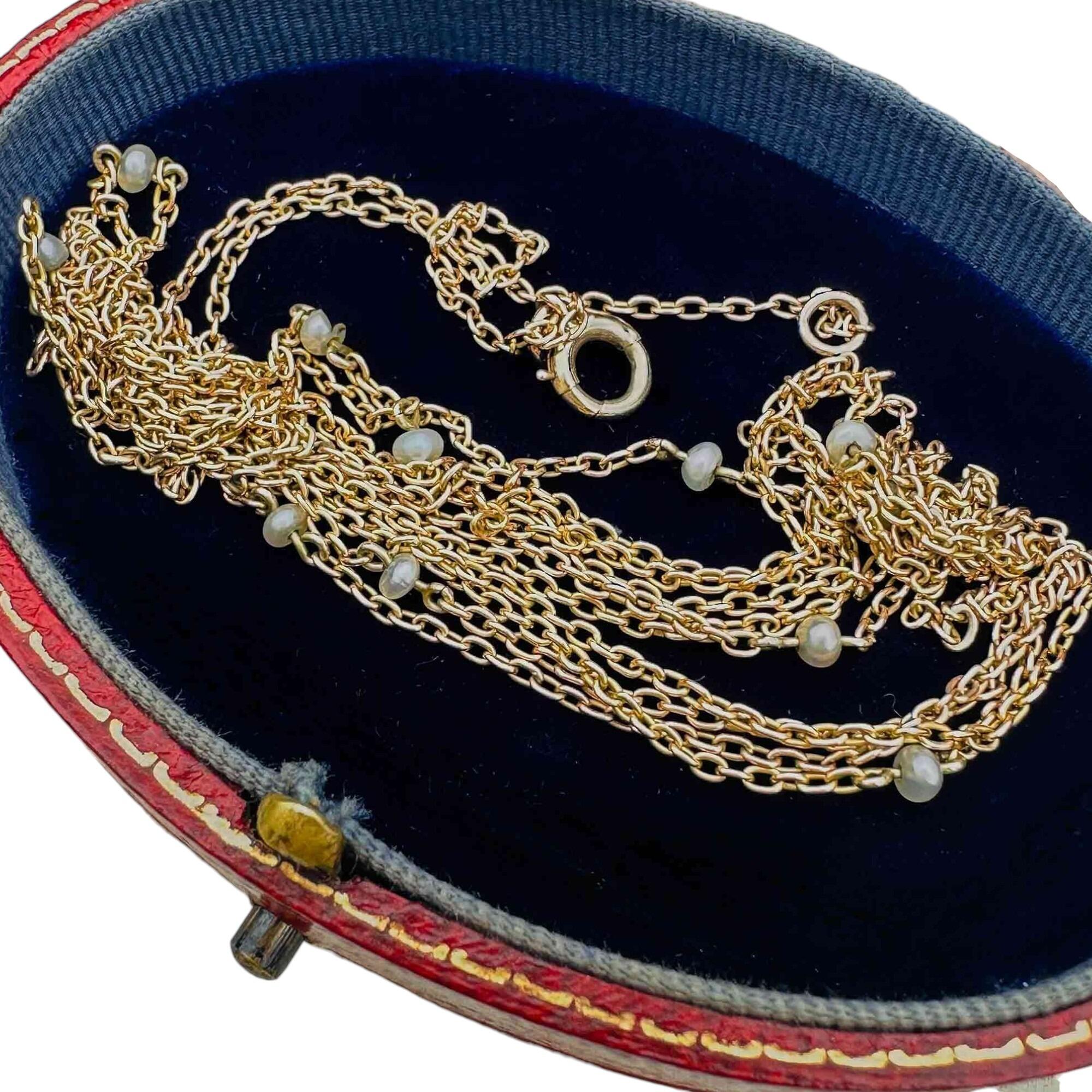 Antique 149cm gold pearl station muff chain with natural pearls