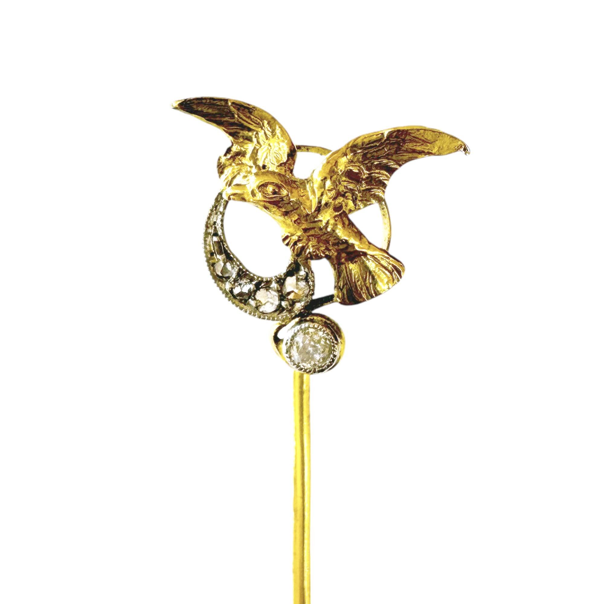 18ct yellow gold stickpin with an eagle on a scroll with diamond accents
