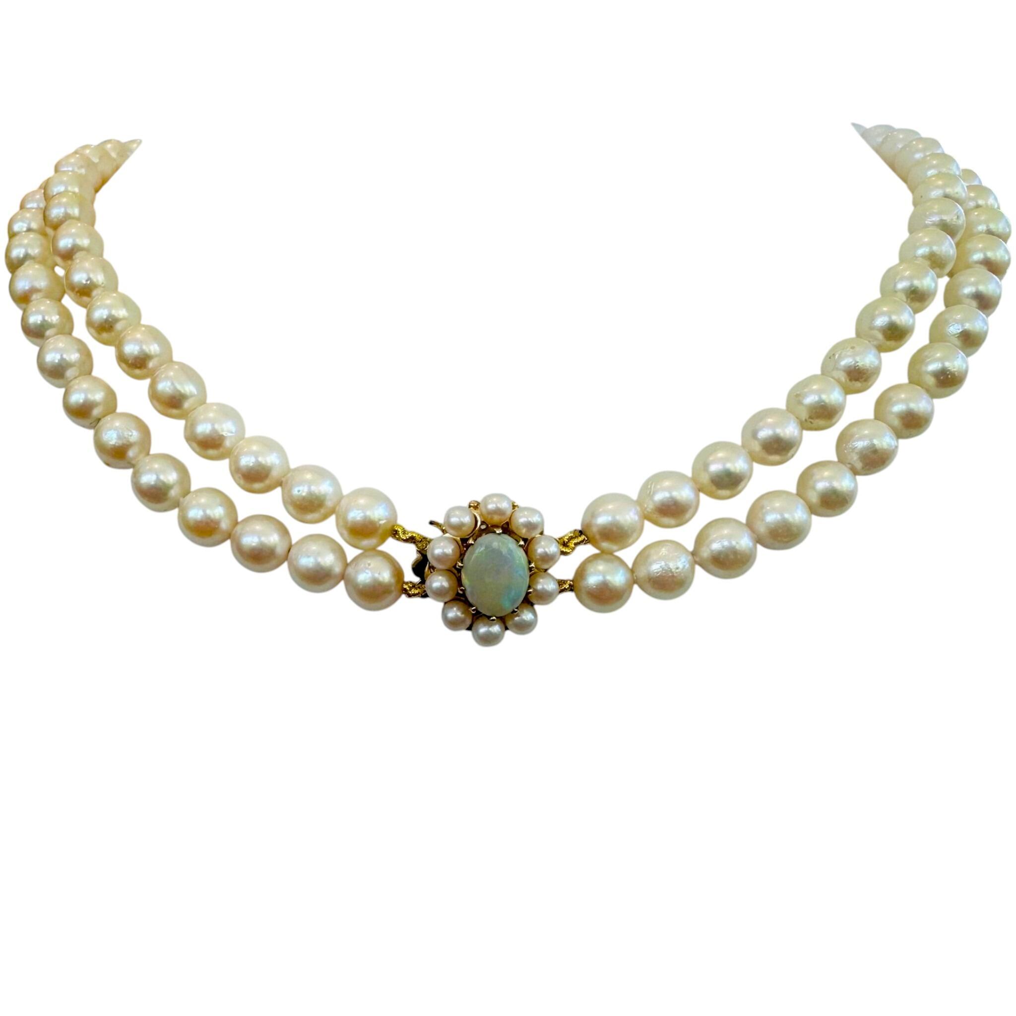 Vintage Two Row Cultured Saltwater Pearl Necklace with Opal & Pearl Cluster Clasp with white background
