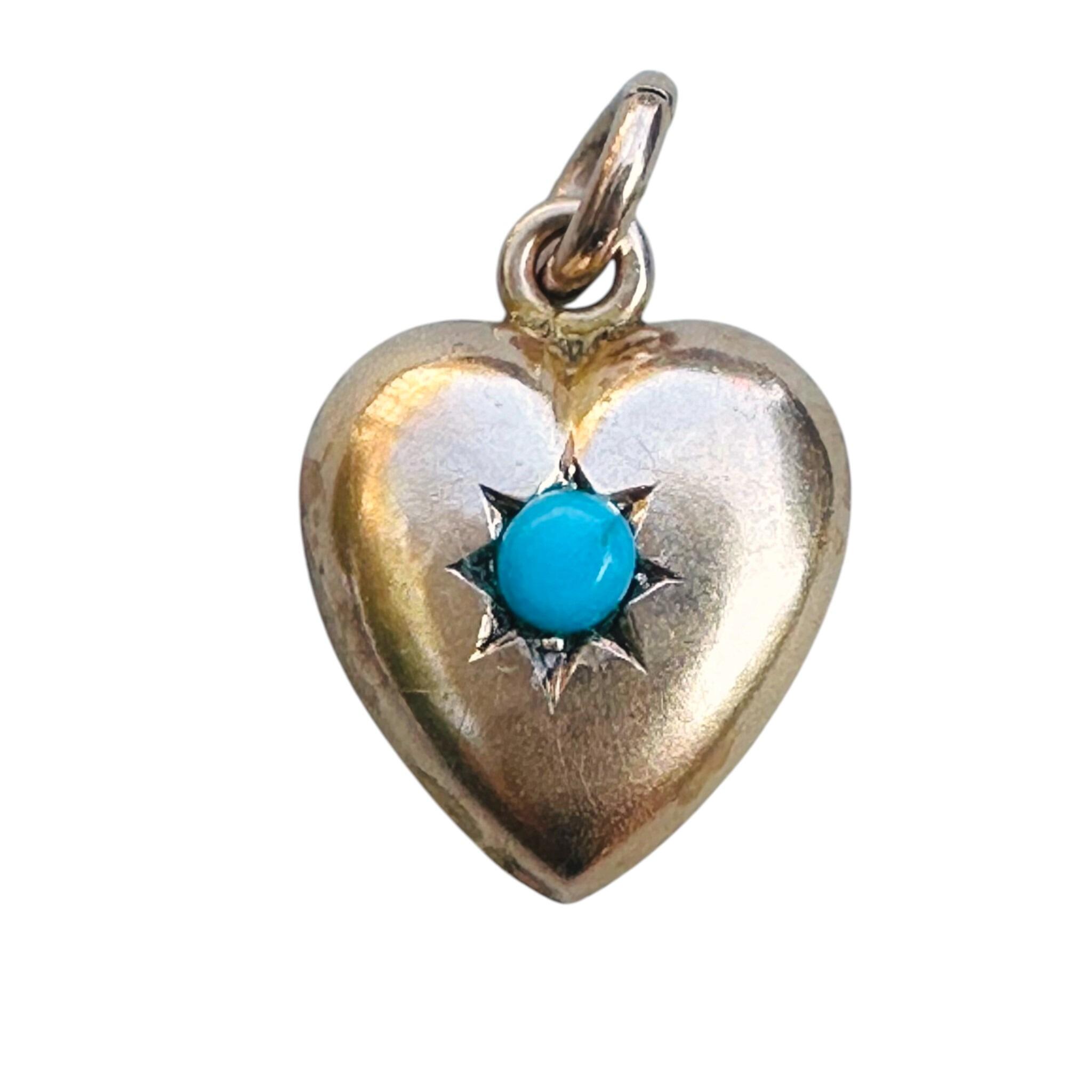 front view of Antique Art Deco, Gold & Turquoise Puffy Heart Pendant, with white background
