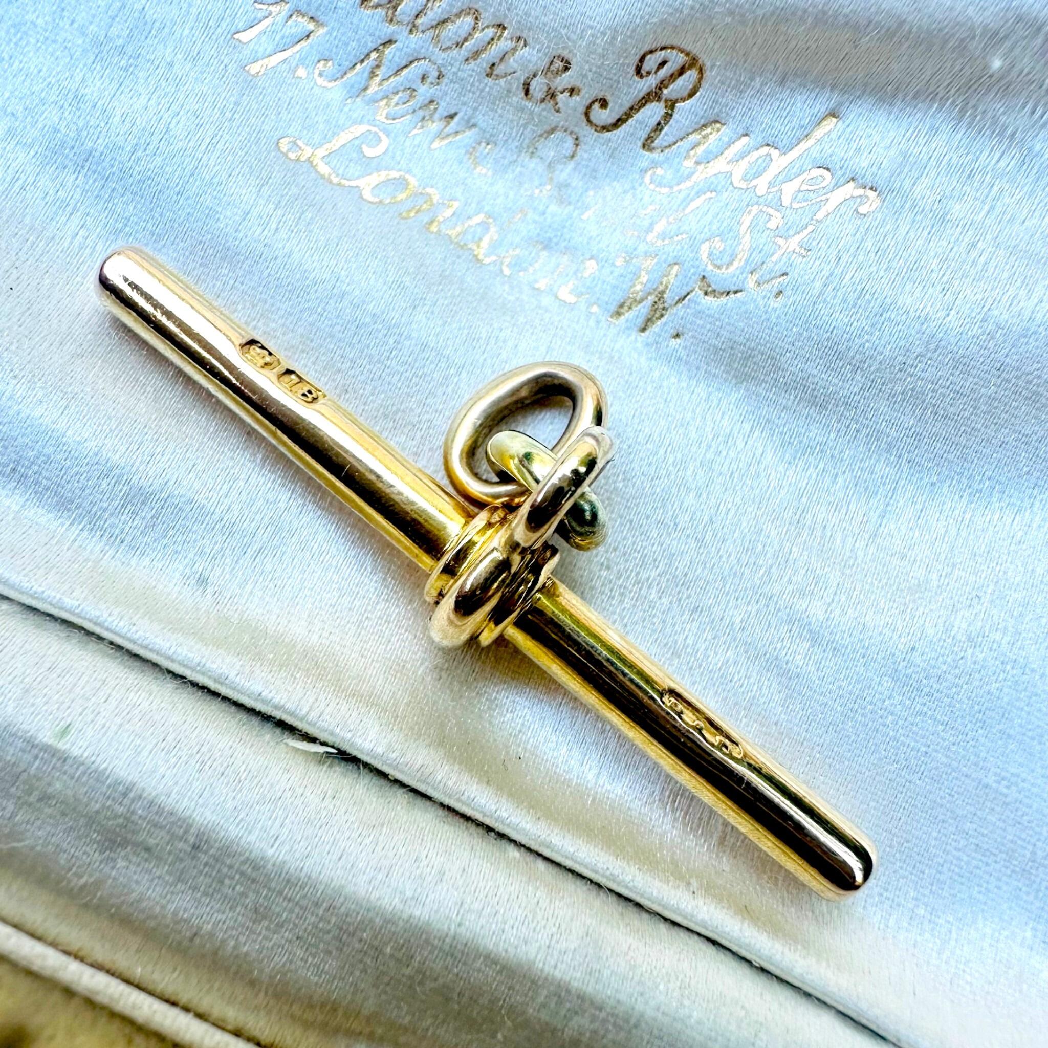 Antique 18k Victorian Yellow Gold T-Bar & Links displayed on antique box