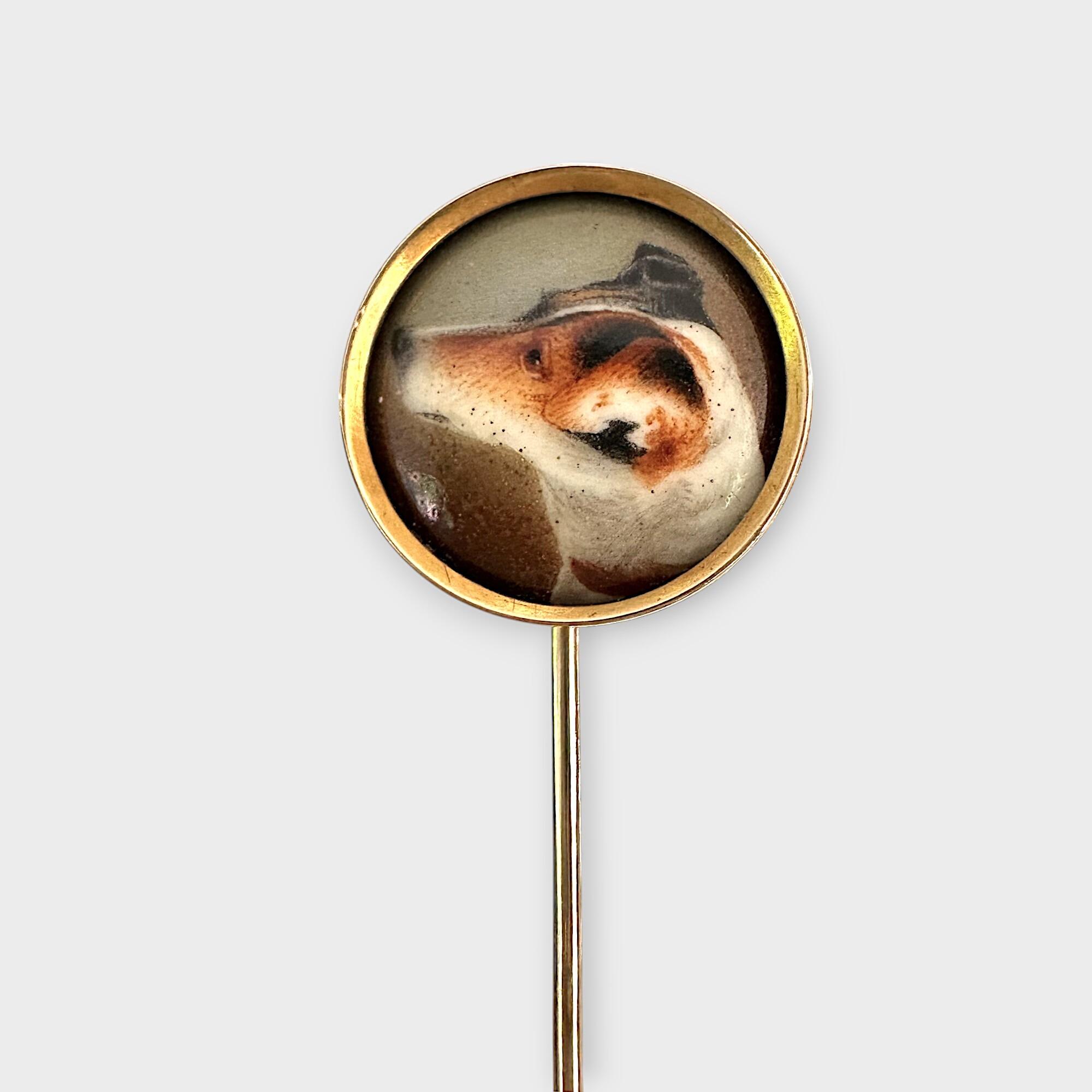 Front view of Victorian 9ct gold enamel stick pin featuring a painted Jack Russell portrait, attributed to J.W. Bailey, circa 1885