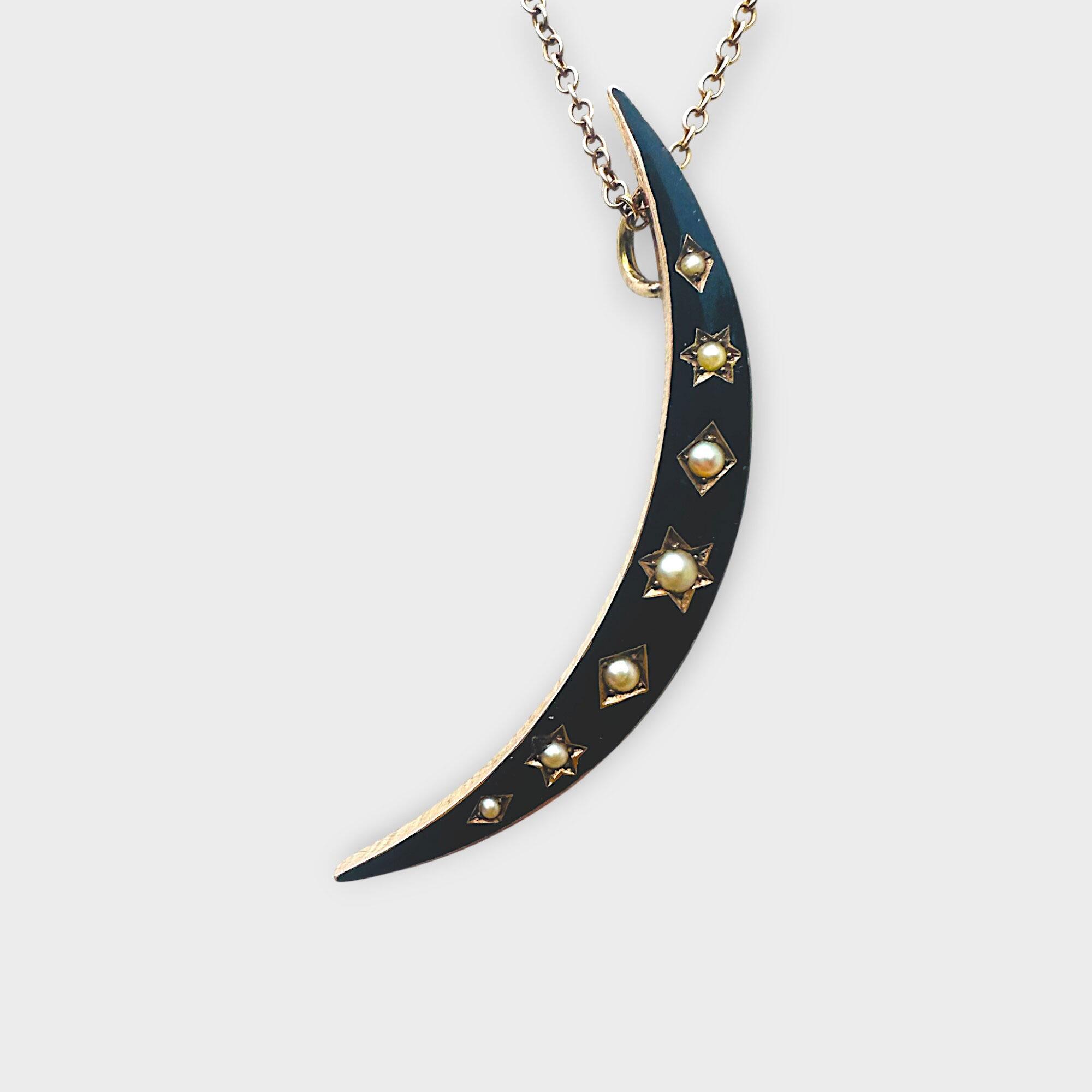 Victorian 15k Rose Gold Black Enamel & Pearl Crescent Moon Pendant on grey background.