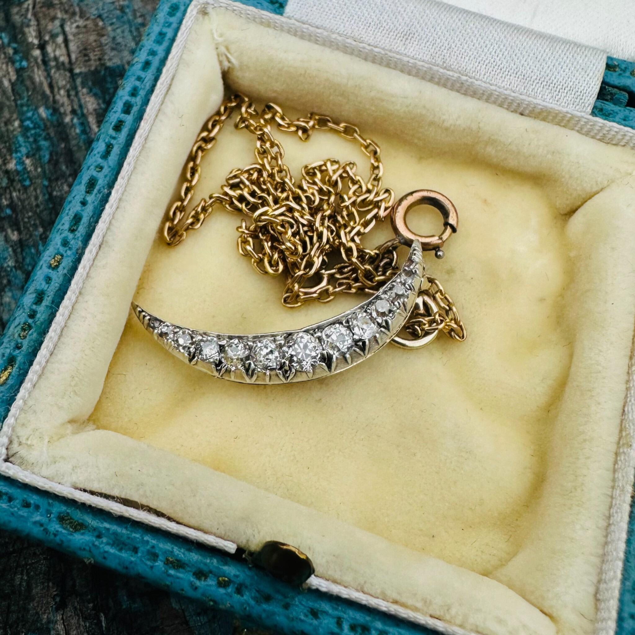 Victorian Diamond Crescent Moon Pendant: Antique Elegance in Gold