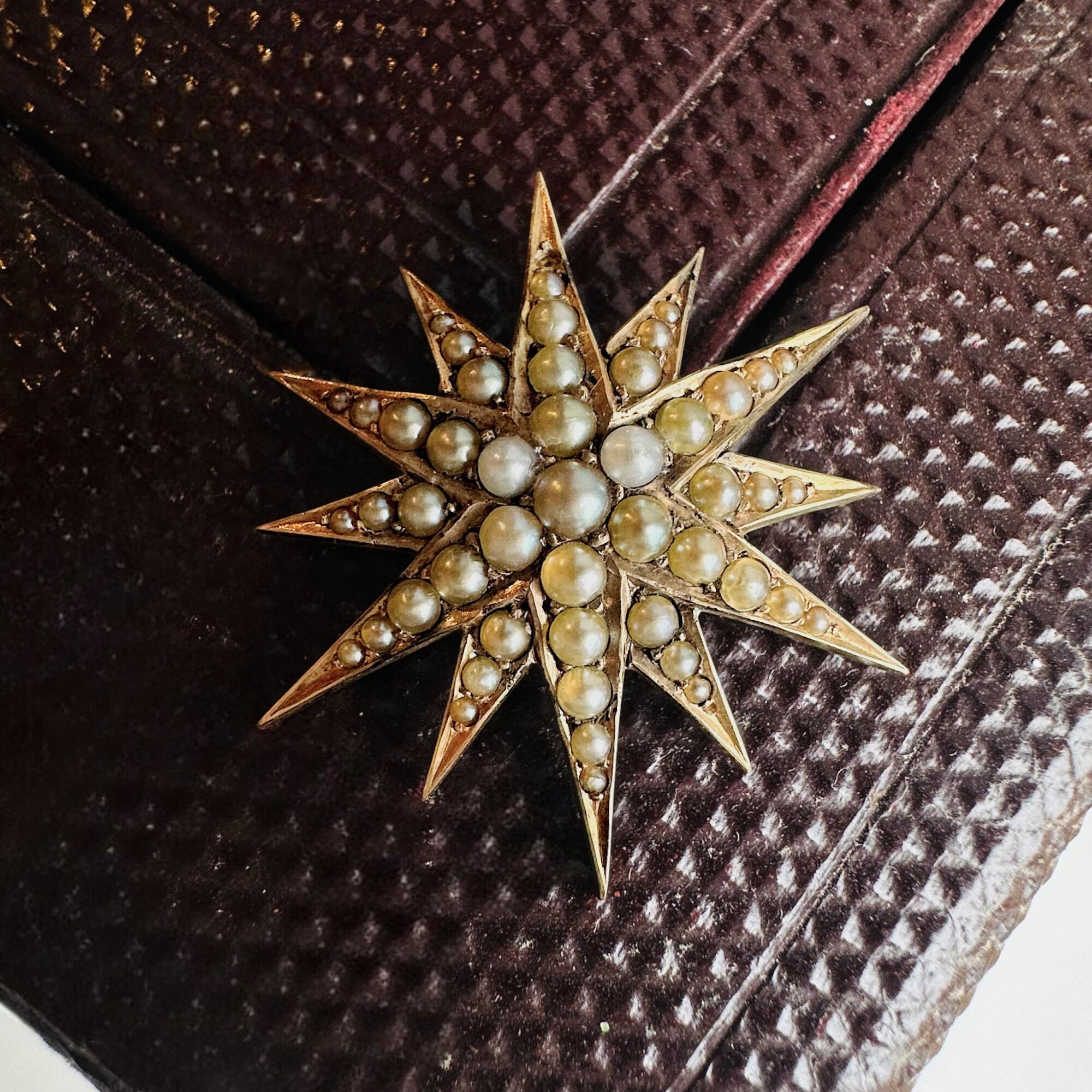 Victorian Enchanting Twelve-Pointed Celestial Pearl Star Pendant – 36 x 26.5mm,  displayed on textured surface.