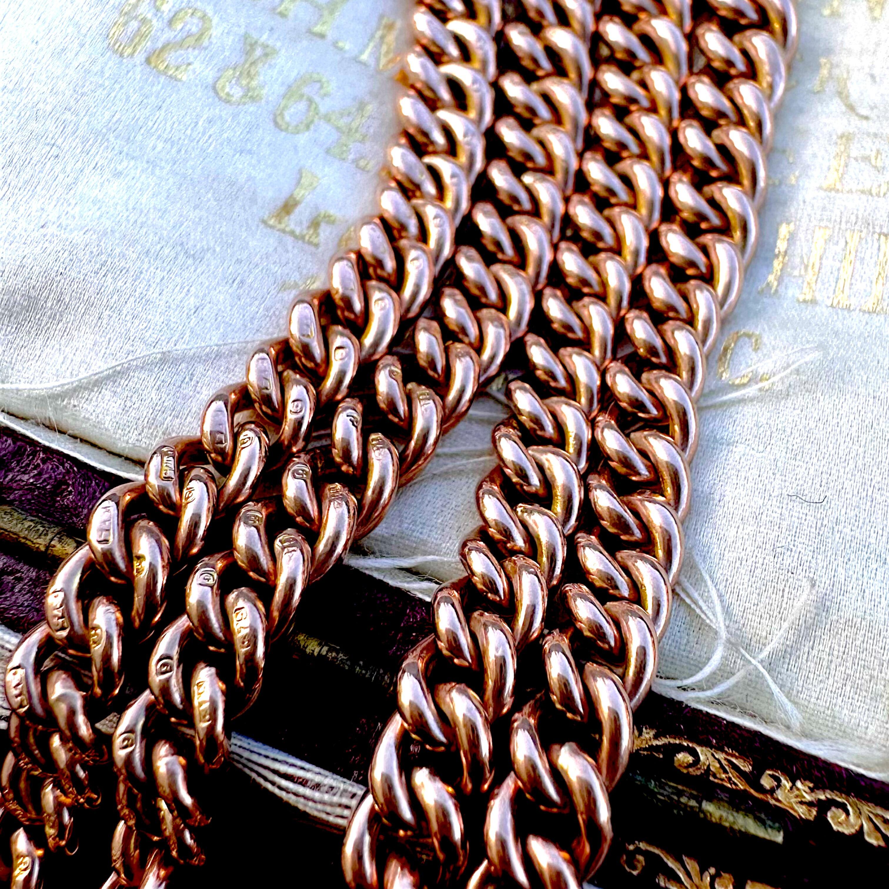 Antique 1924 Chester Hallmarked 9k Rose Gold Heavy Albert Chain displayed on antique box