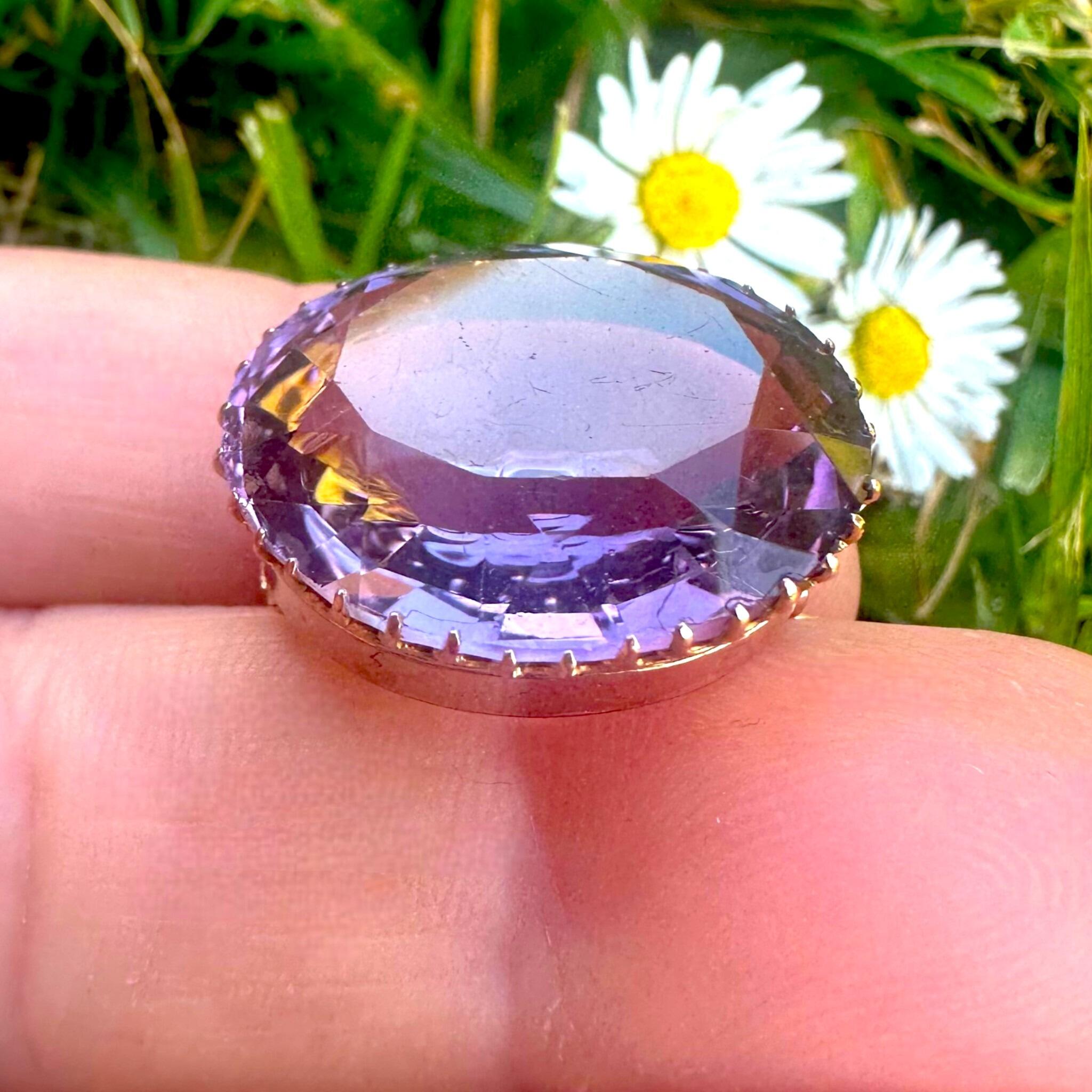 Victorian Amethyst Brooch 15k Gold, Rose de France Amethyst Oval Brooch held in hand with garden background