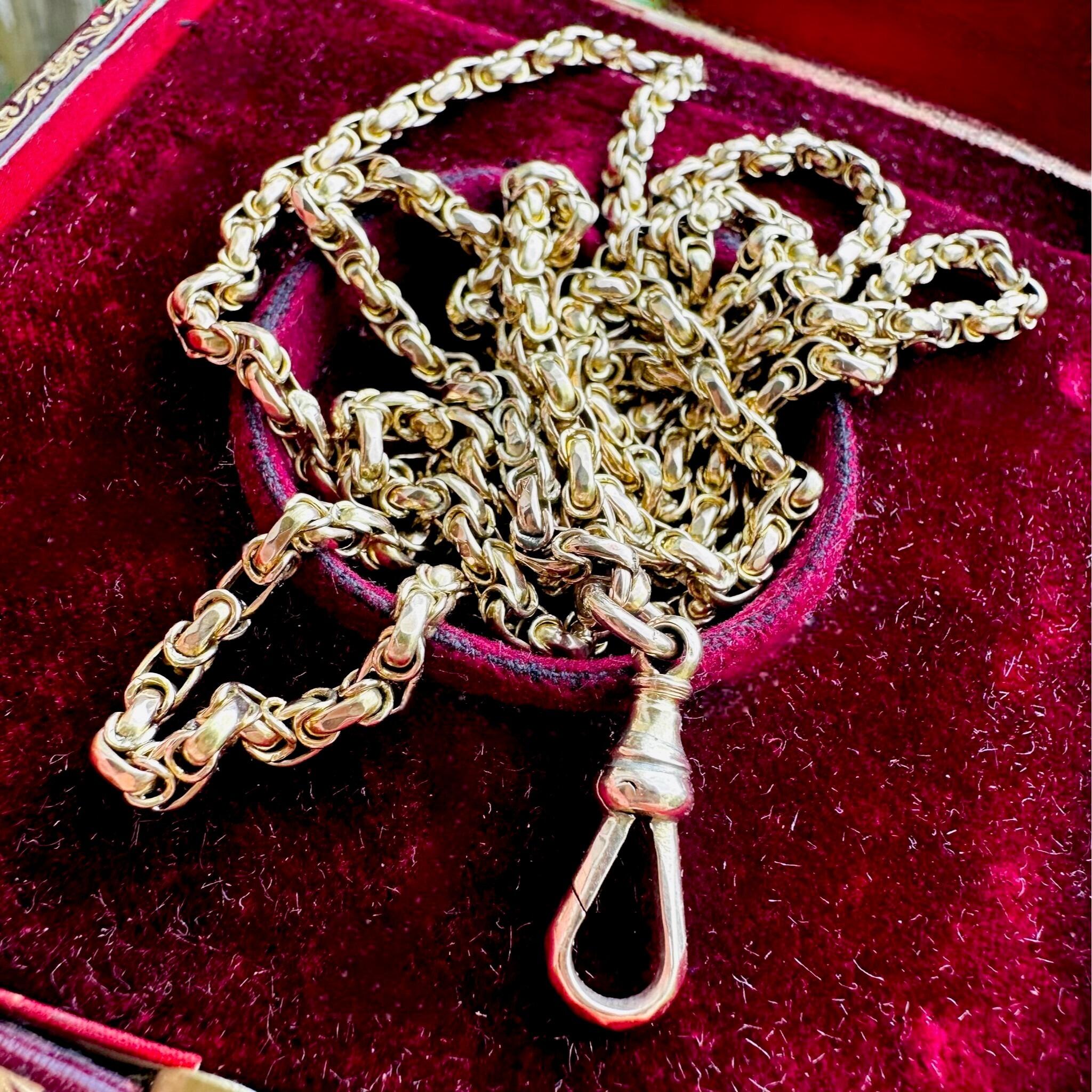 Victorian Gold Fancy Link Long Chain Necklace & Dog Clip displayed on red velvet antique box