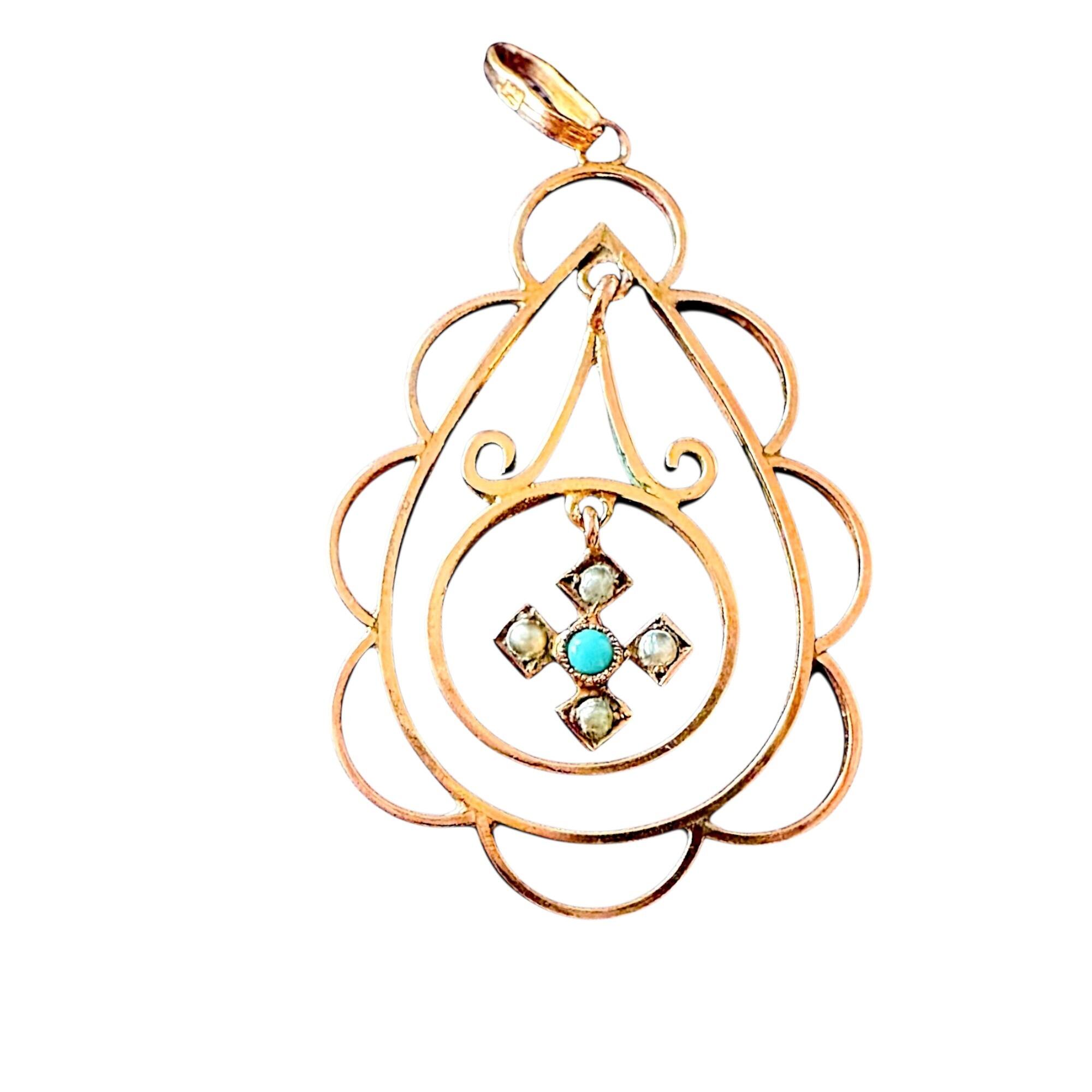Art Nouveau 9k rose gold pendant with scalloped edge and pearl and turquoise centre on white background.