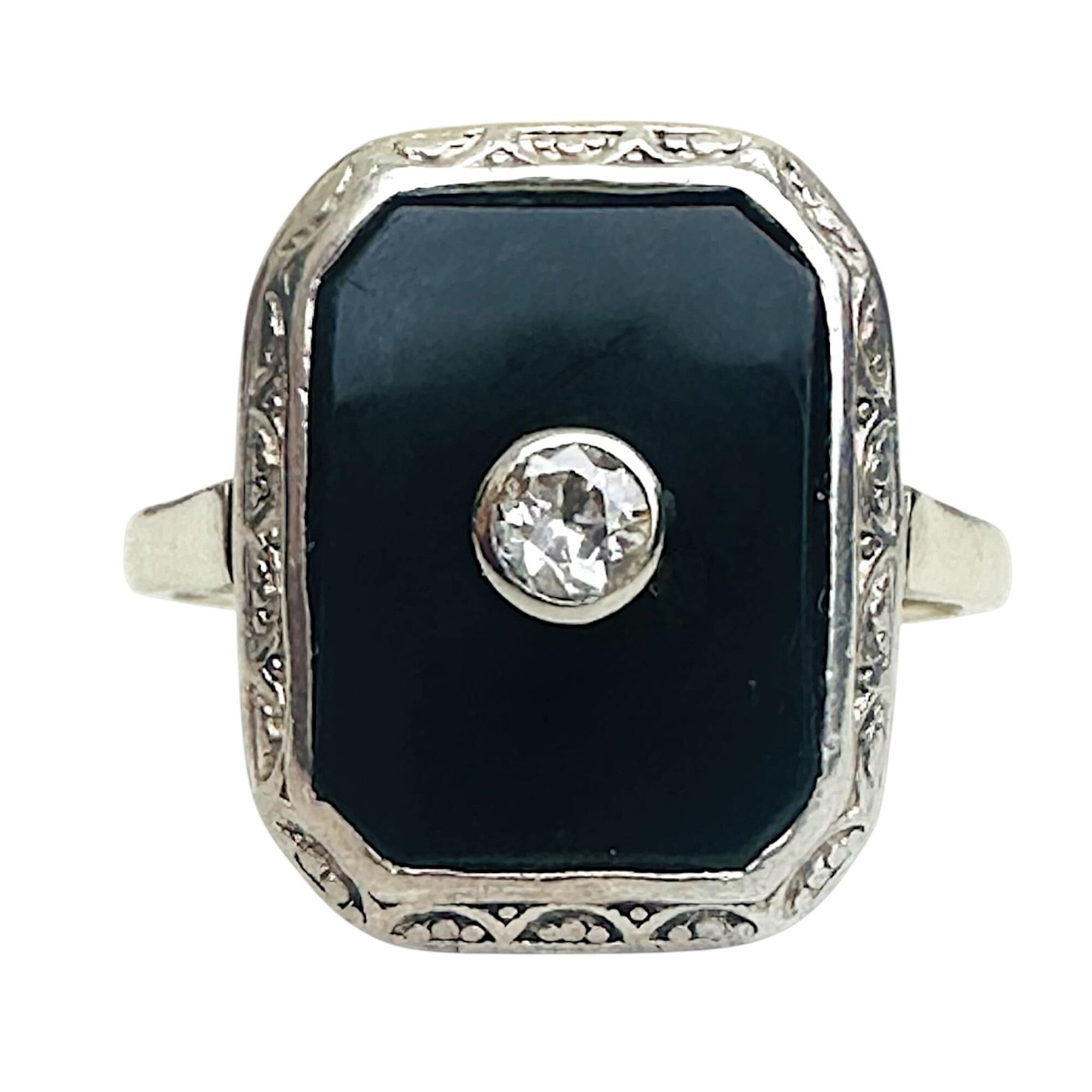 Art Deco 14k Gold Onyx Diamond Ring – 1930s Vintage Jewelry, with white  background.