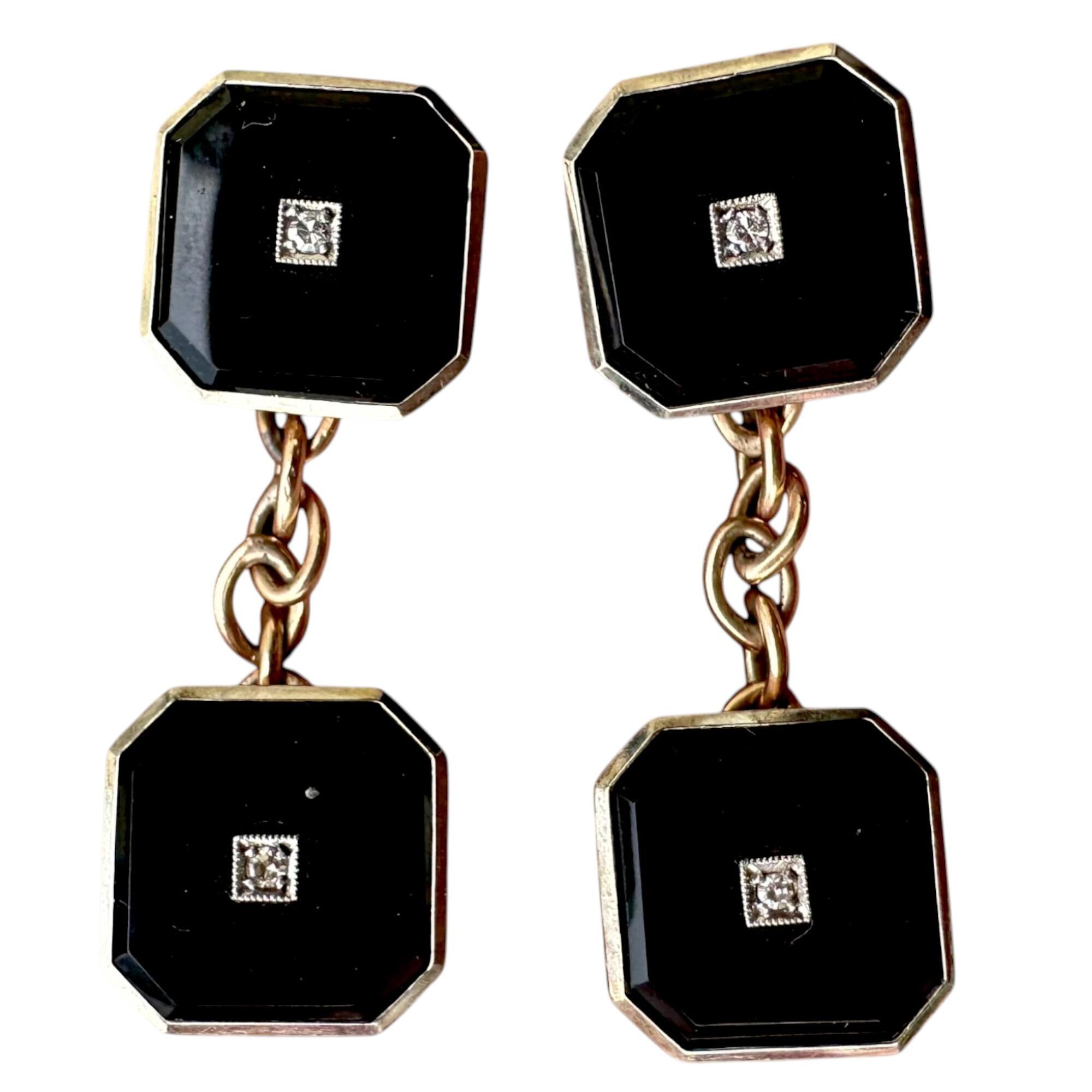 Art Deco 15ct Gold Black Onyx & Diamond Chain-Link Cufflinks, white background.