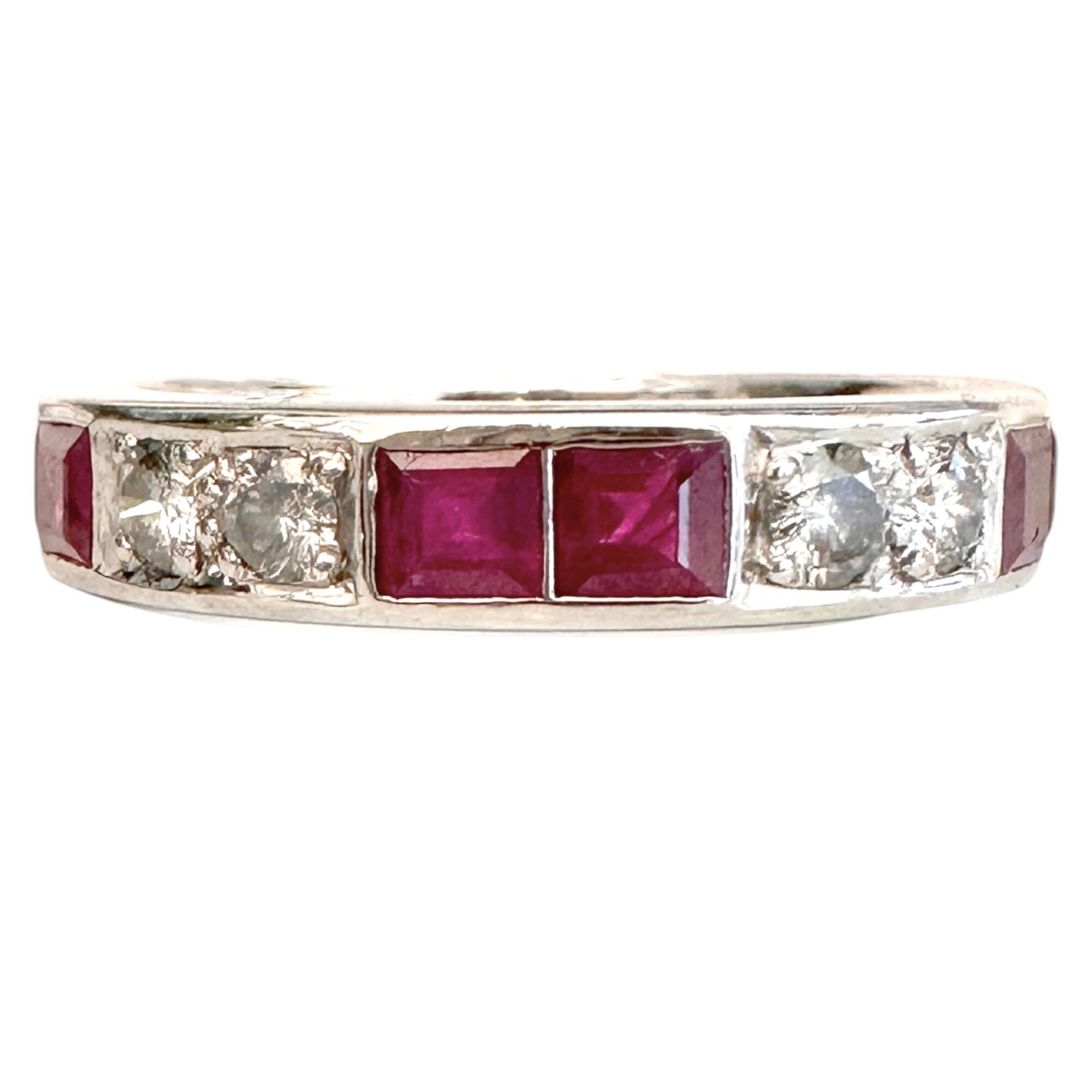 platinum half eternity ring with square rubies and round diamonds