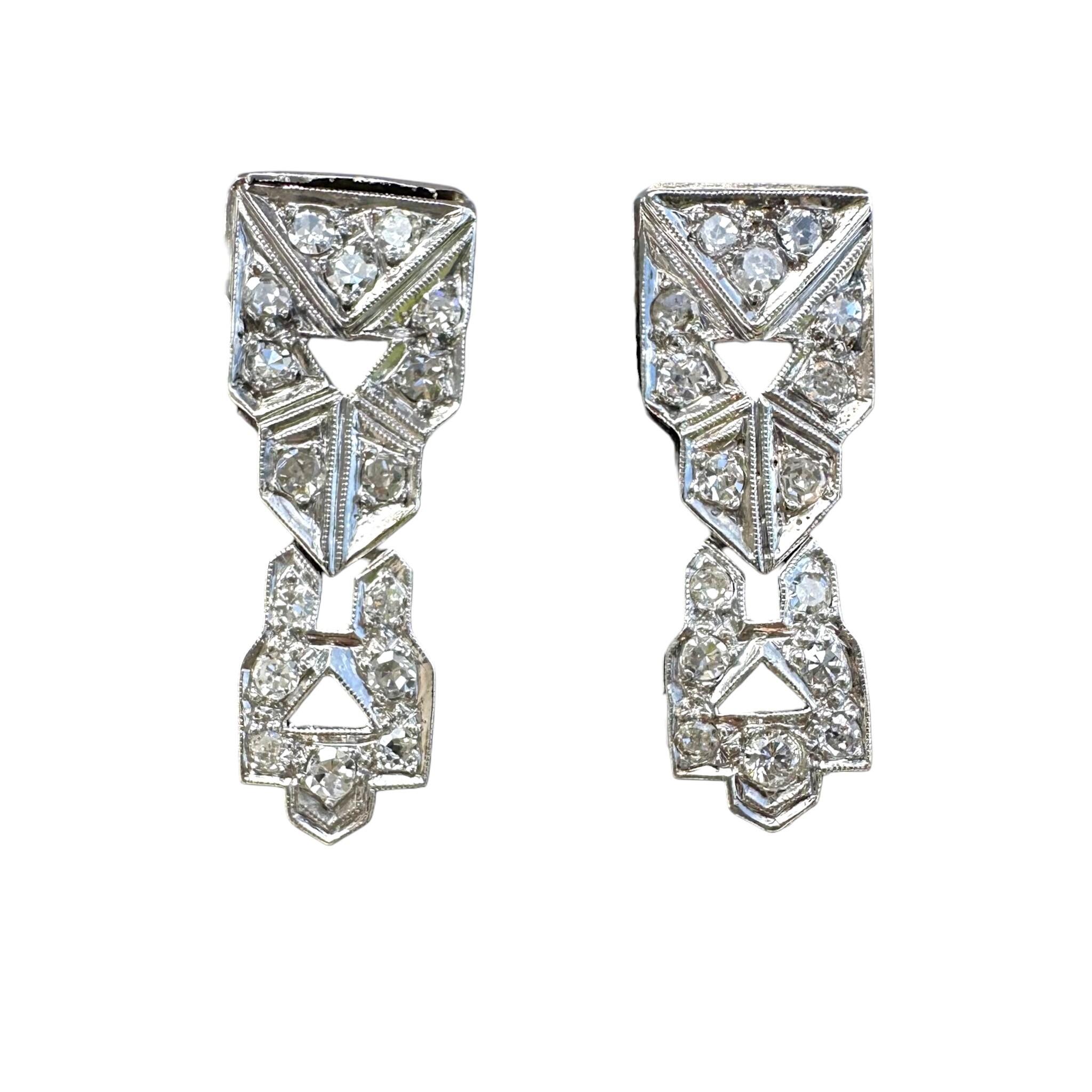 Antique Art Deco Platinum Diamond Geometric Drop Earrings with white background