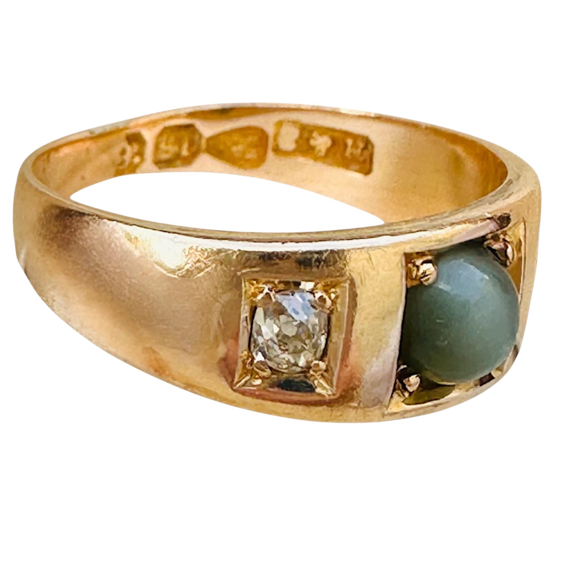 Antique Victorian 15ct gypsy ring with cat's eye chrysoberyl flanked by two diamonds, side view