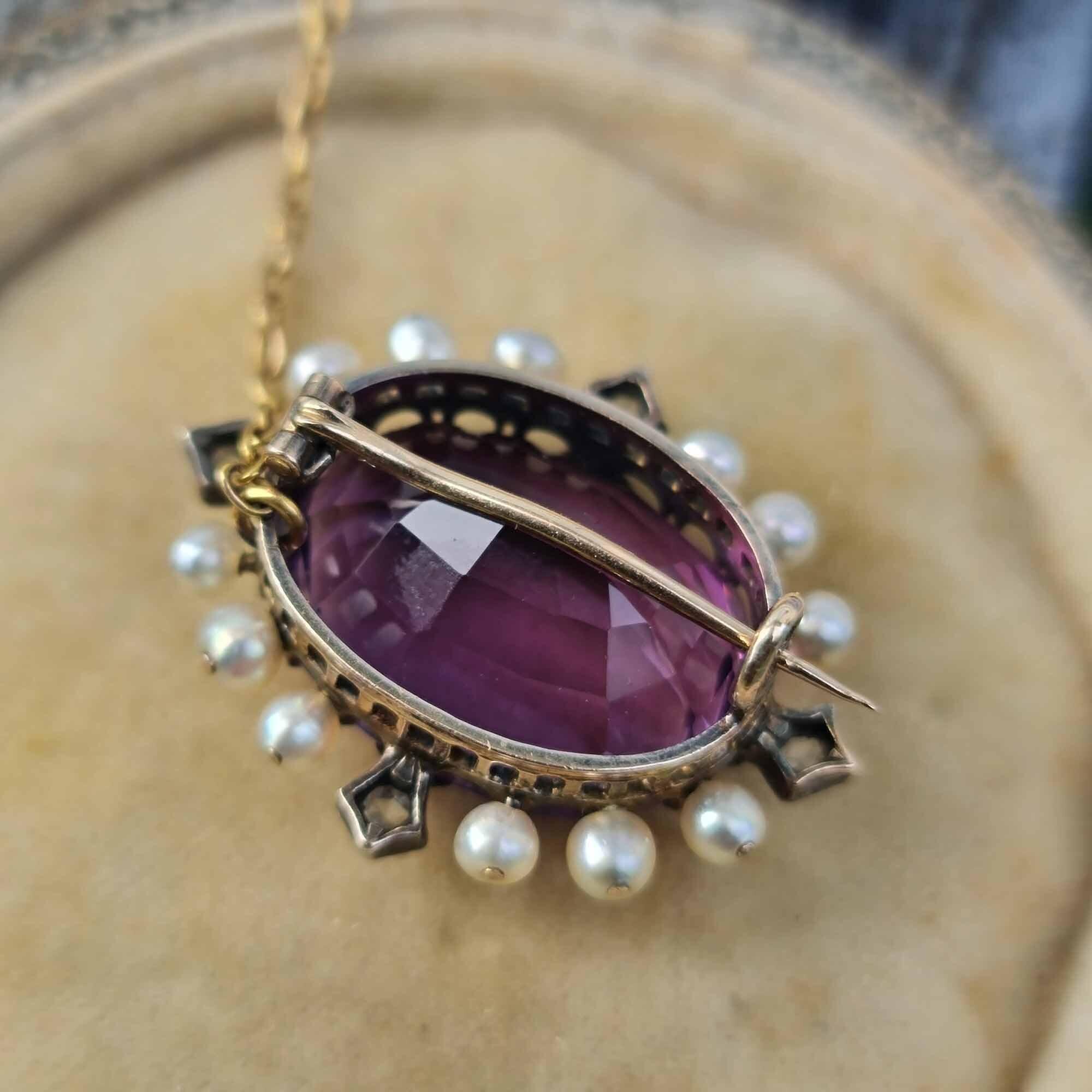 Victorian Amethyst Brooch with Pearls and Diamonds - Exquisite 