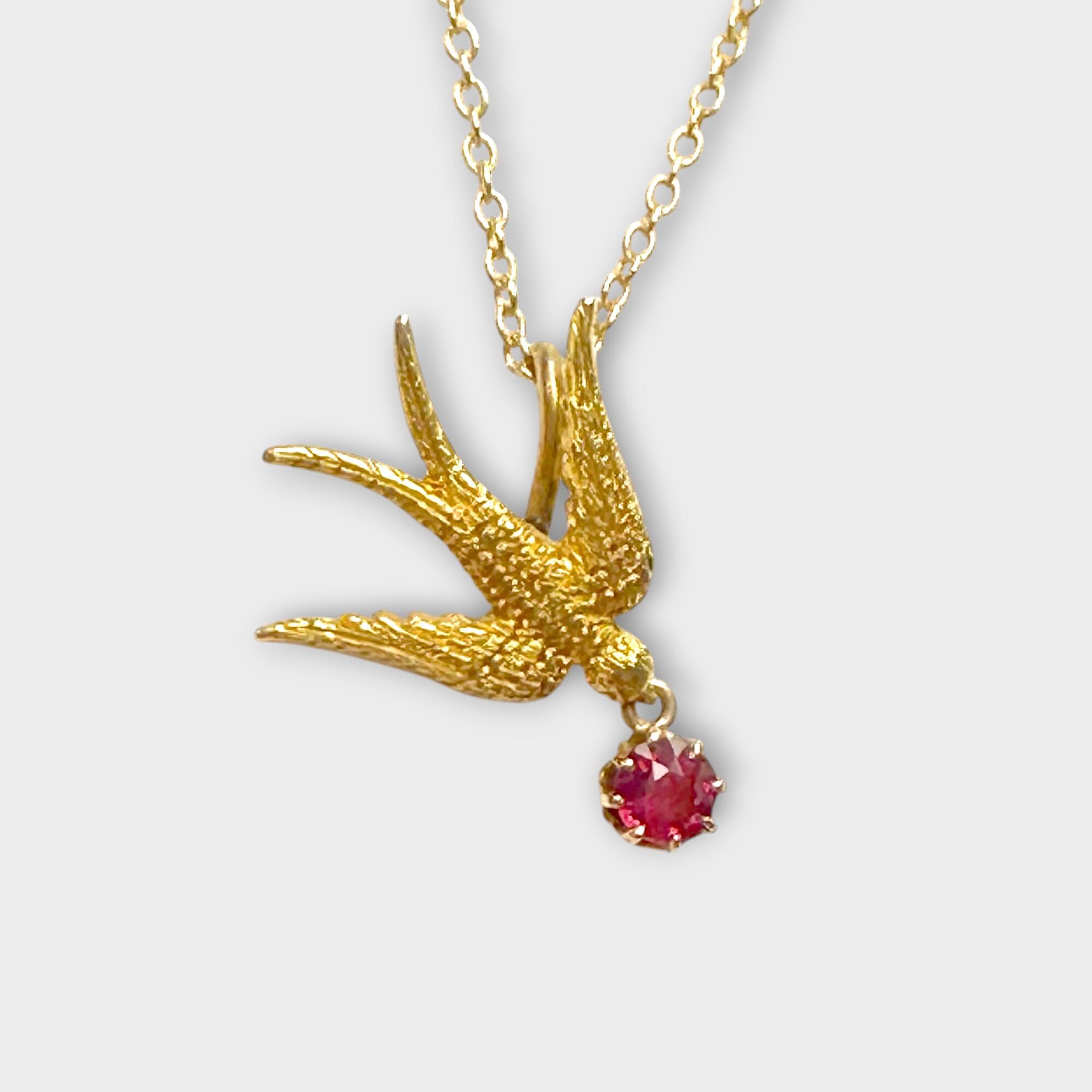 Antique, Edwardian 15ct Gold & Ruby Swallow Pendant on 9ct Chain