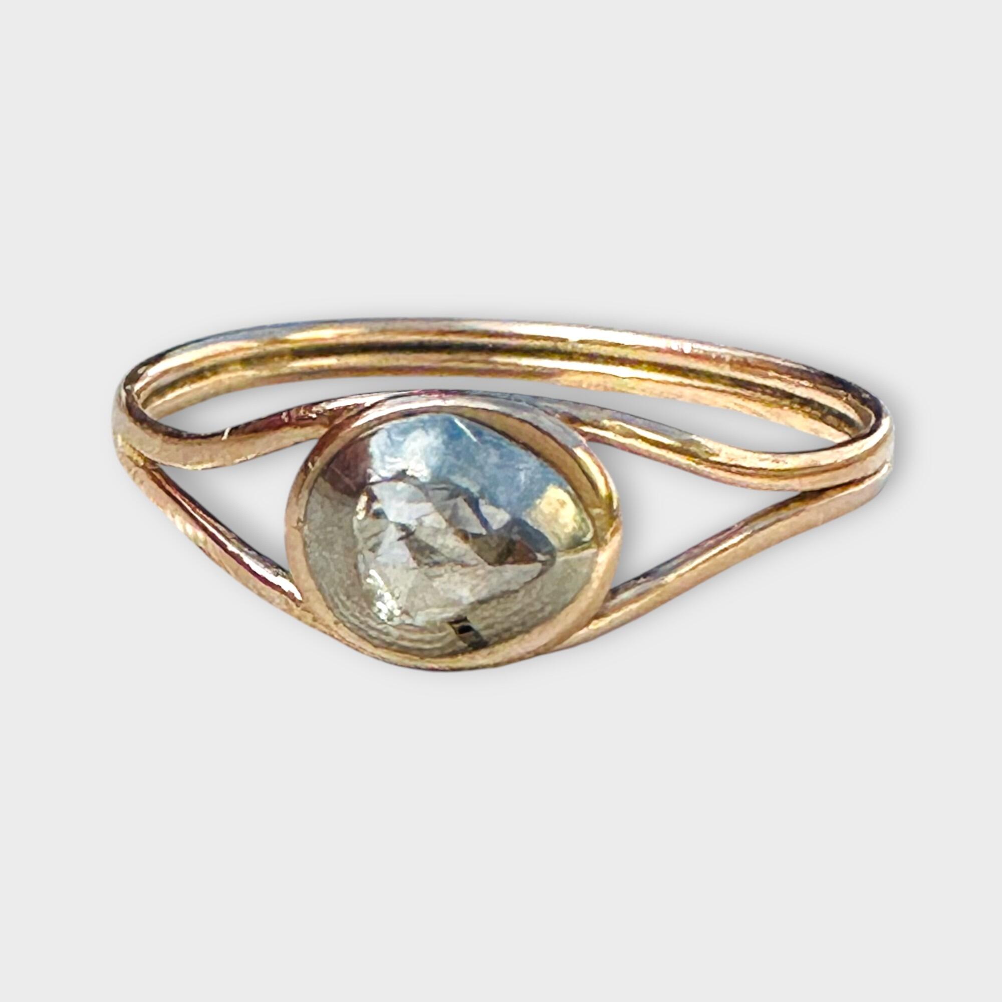Georgian 9k Rose Gold Ring with Rose Cut Diamond, Antique Double Shank Split Shoulder Ring and Silver & Rose Gold Bezel Setting, grey background.