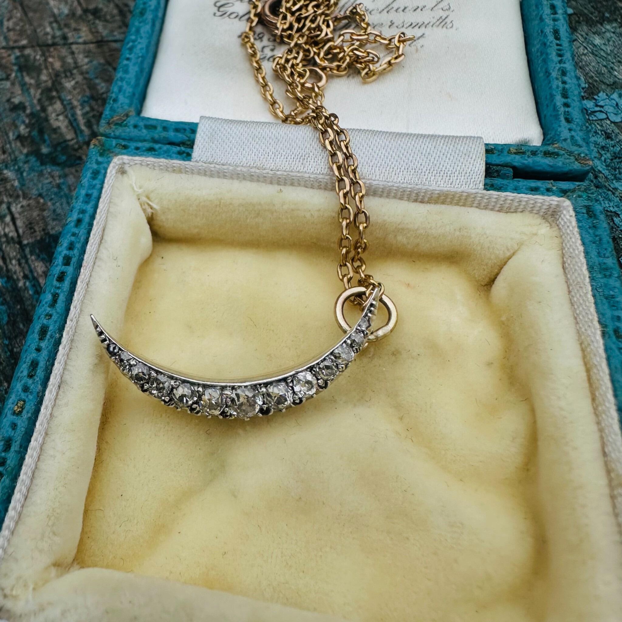 Victorian Diamond Crescent Moon Pendant – 0.80ct Old Cut Diamonds in Silver & 15k Gold displayed in antique box.