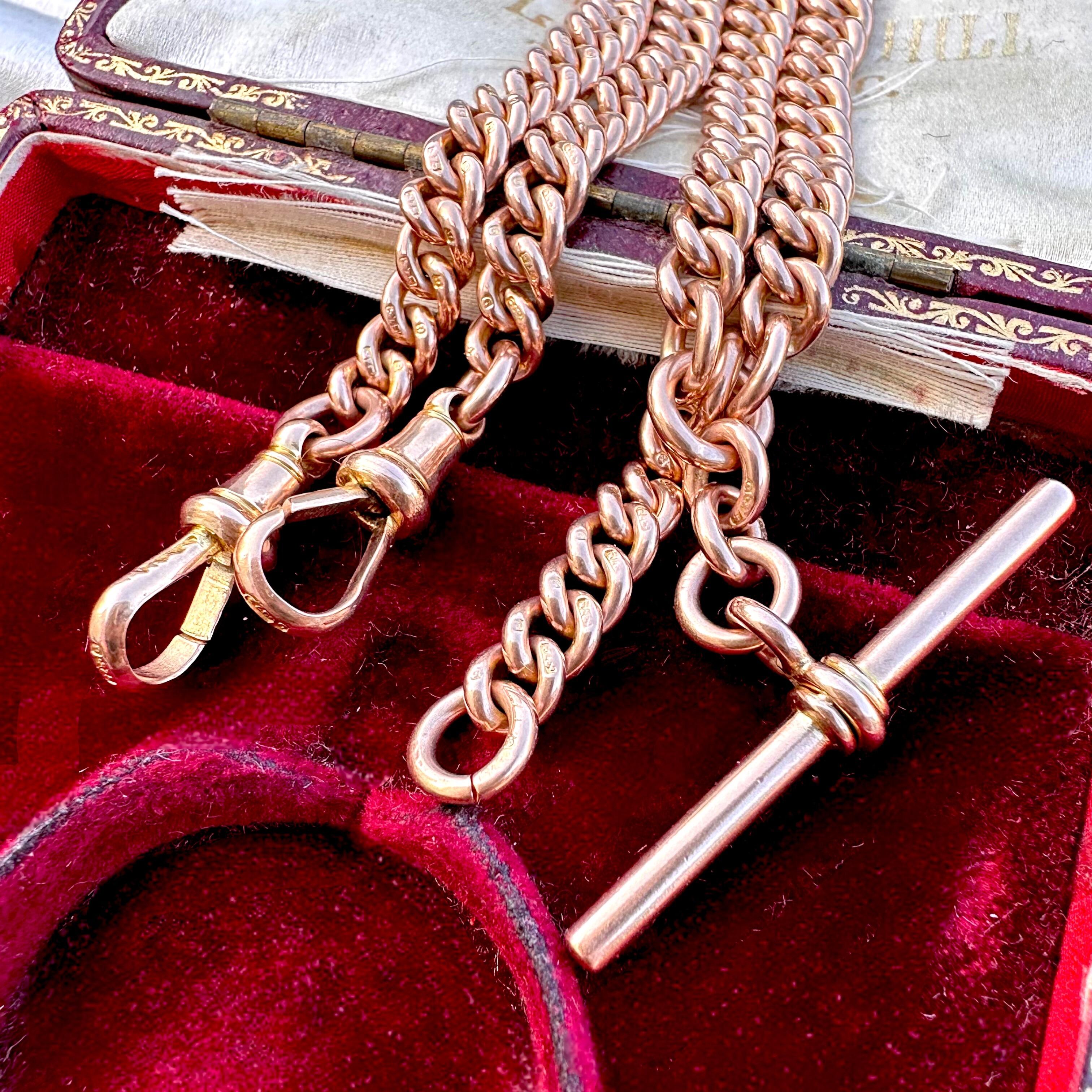 Antique 1924 Chester Hallmarked 9k Rose Gold Heavy Albert Chain displayed on antique box