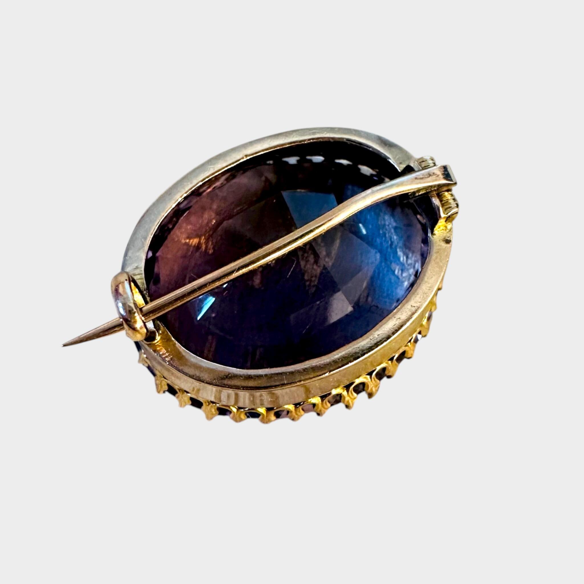 rear view  of Victorian Amethyst Brooch 15k Gold, Rose de France Amethyst Oval Brooch with grey background