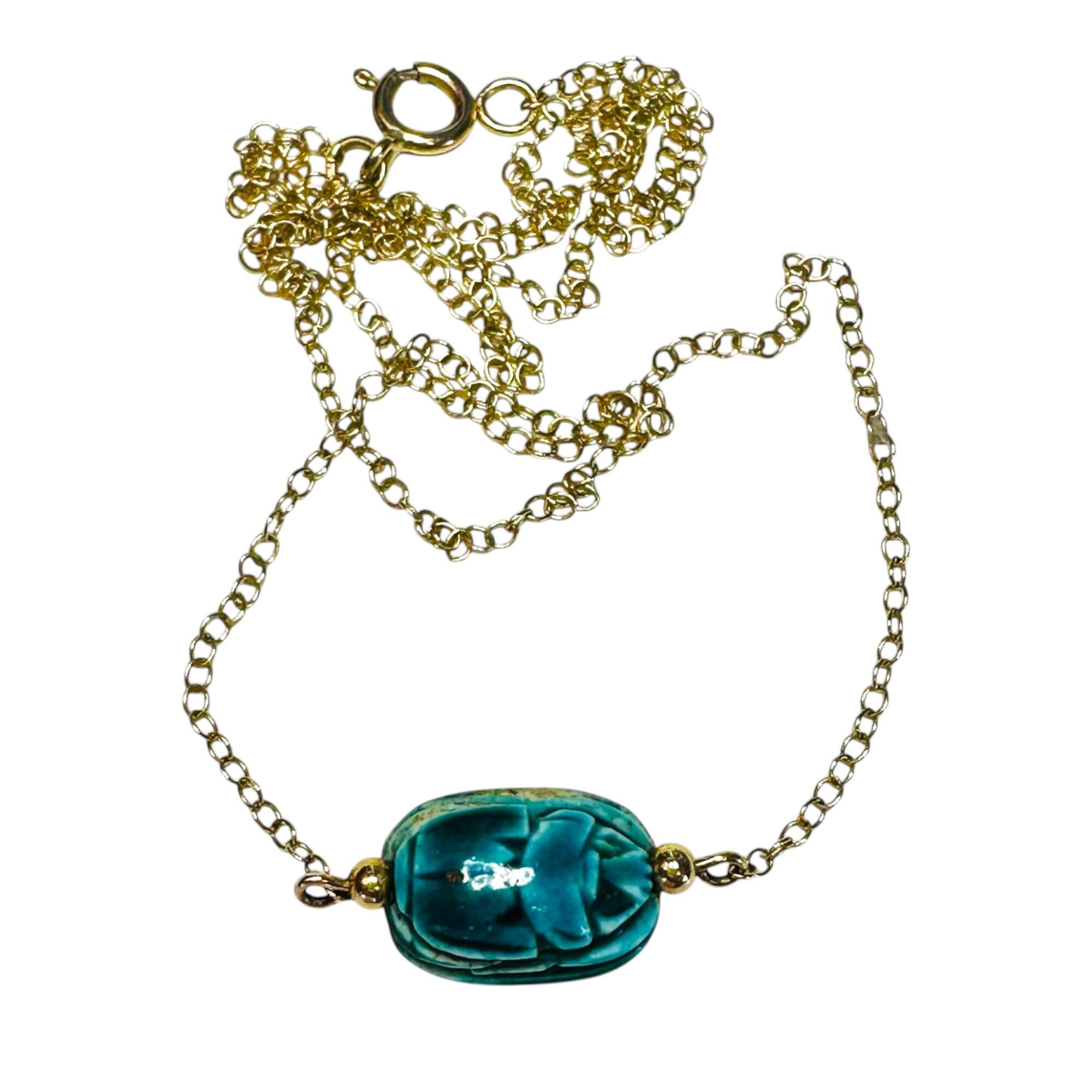 9k Gold Blue Faience Scarab Necklace – Egyptian Revival Pendant, grey background