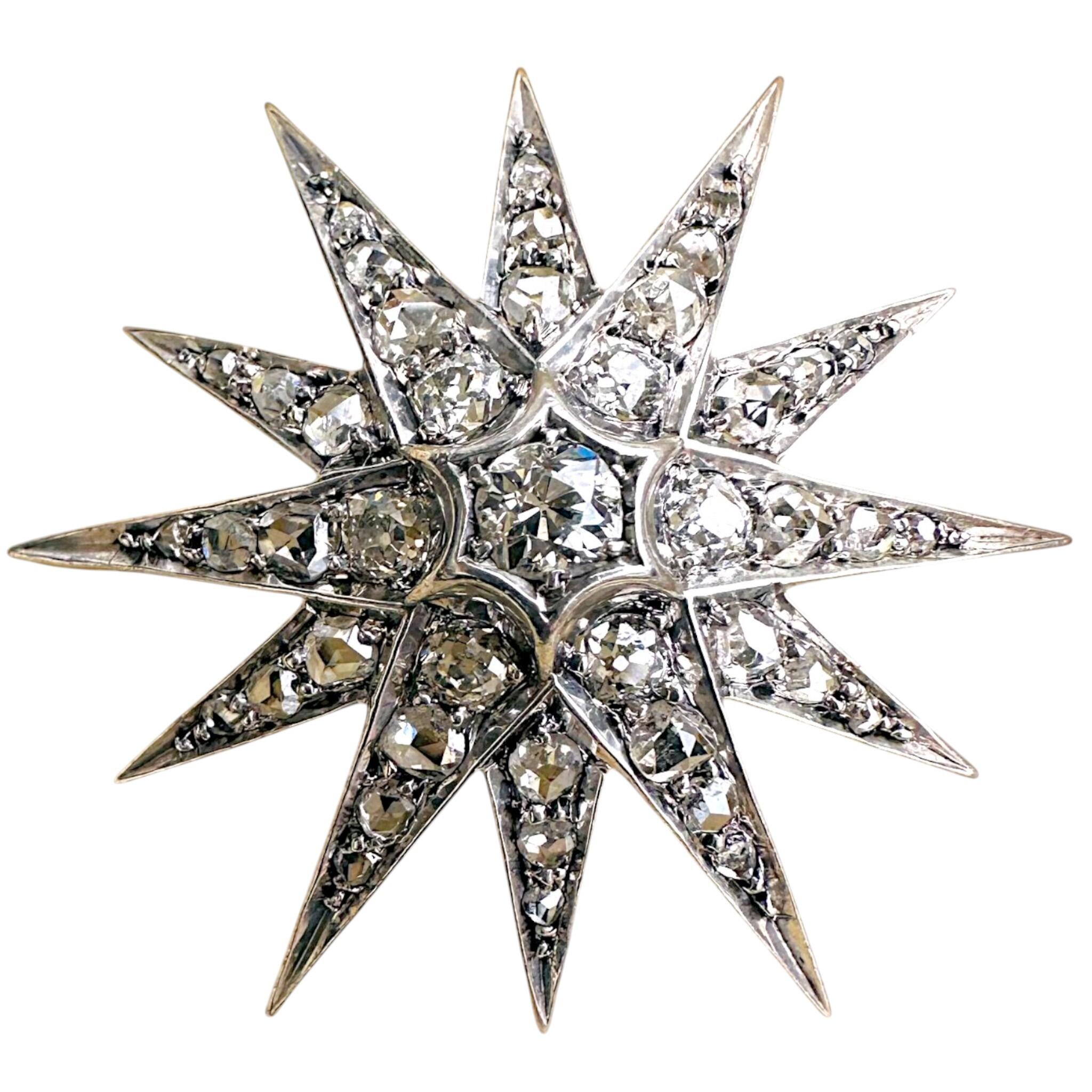 Victorian Diamond Starburst Pendant Brooch, Celestial Antique Diamond Cluster, white background