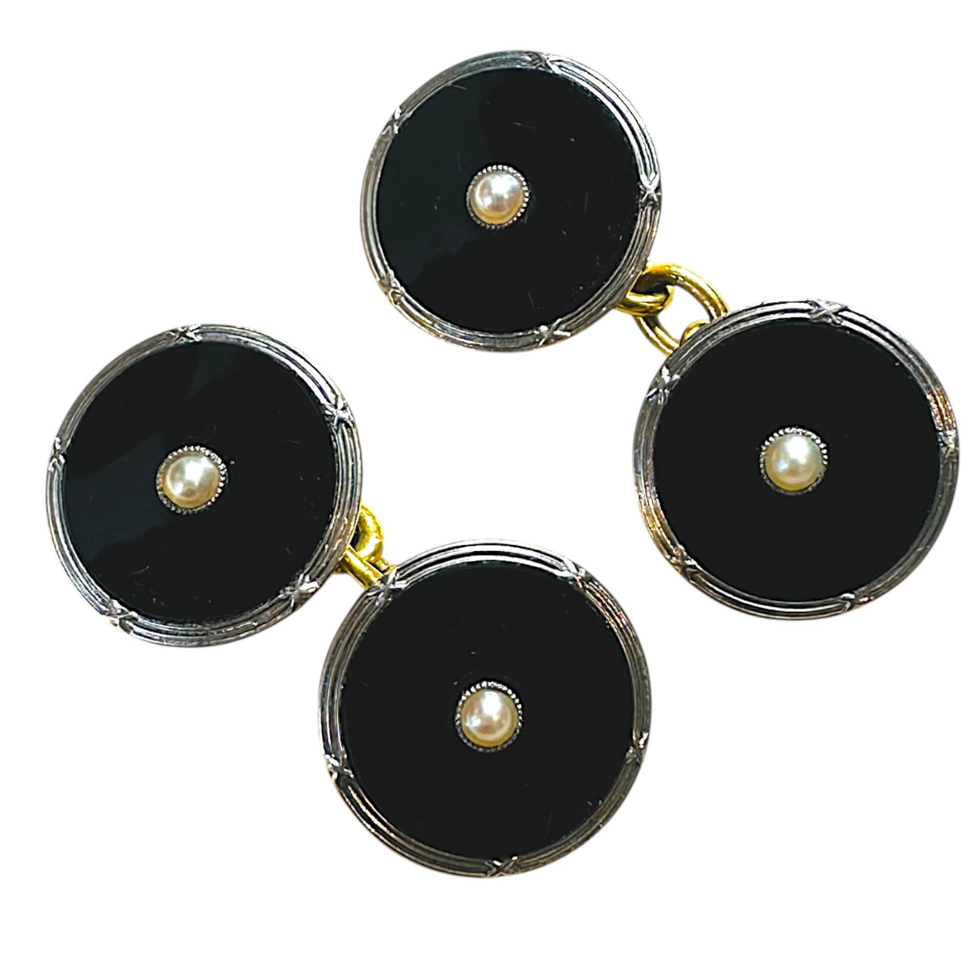 Art Deco 18ct Gold & Platinum Black Onyx and Pearl Cufflinks, white background.