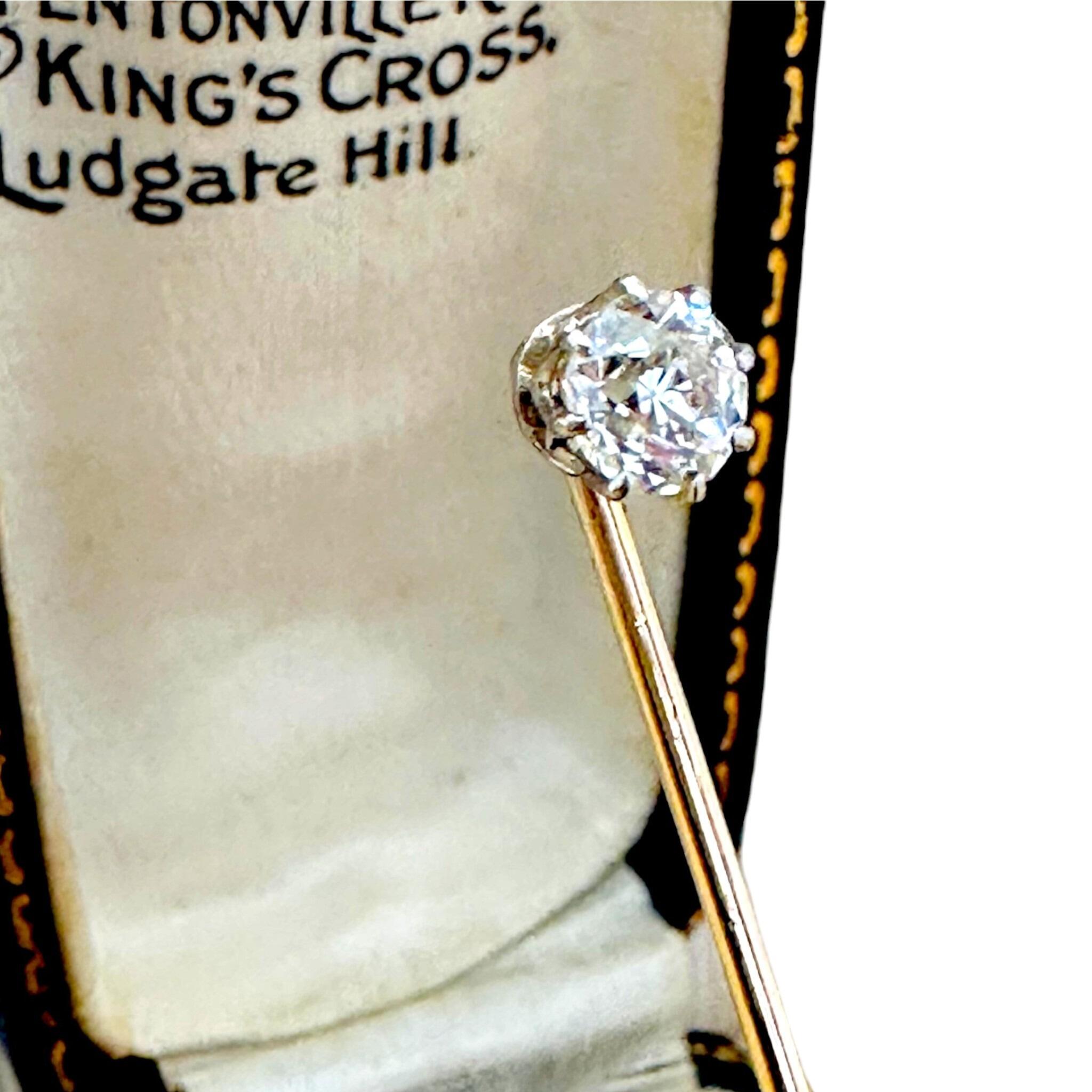 Edwardian 0.48ct Old European Cut Diamond Stick Pin & Original Box with white background