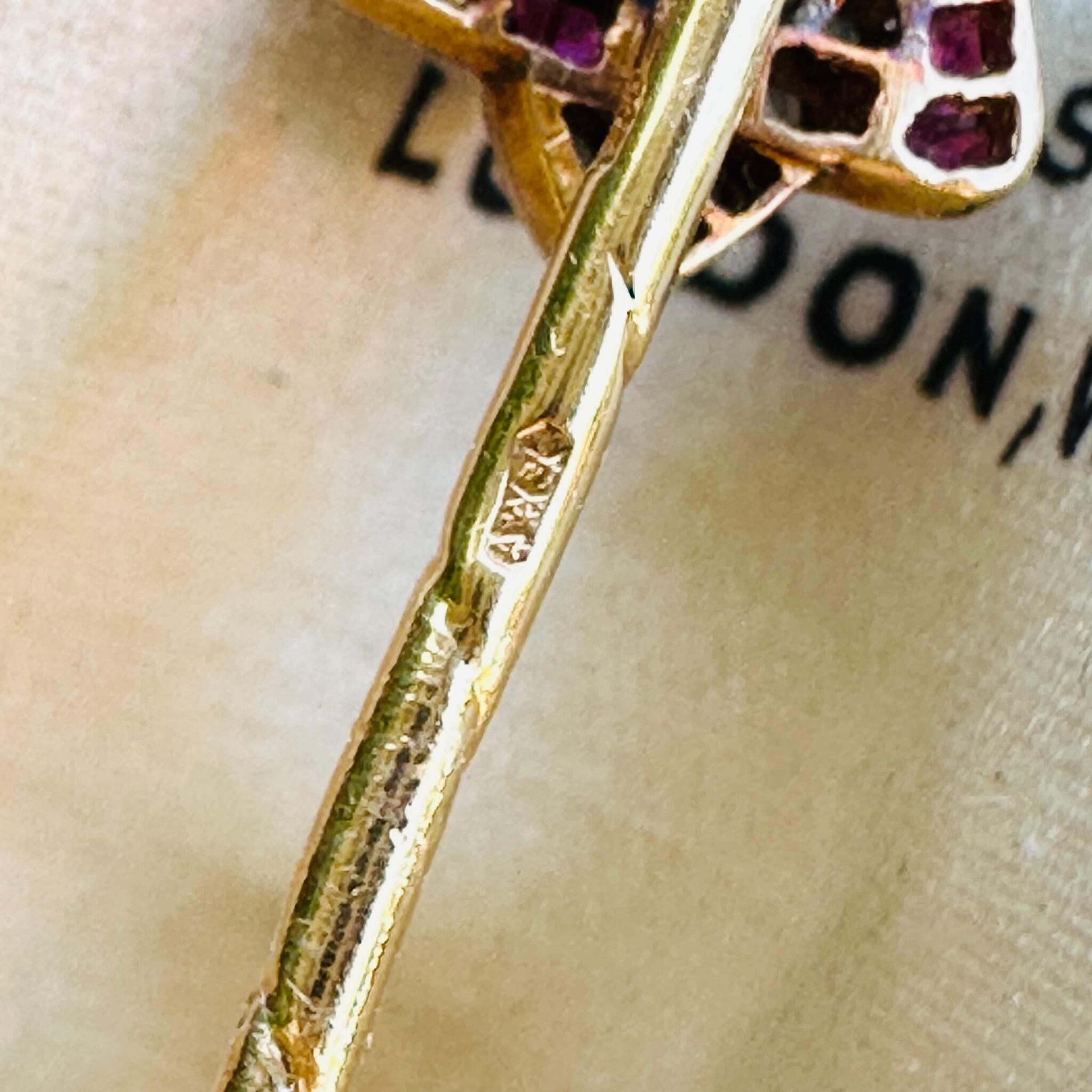 close up ofAntique Ruby Diamond & Pearl Star Stick Pin in Original Box