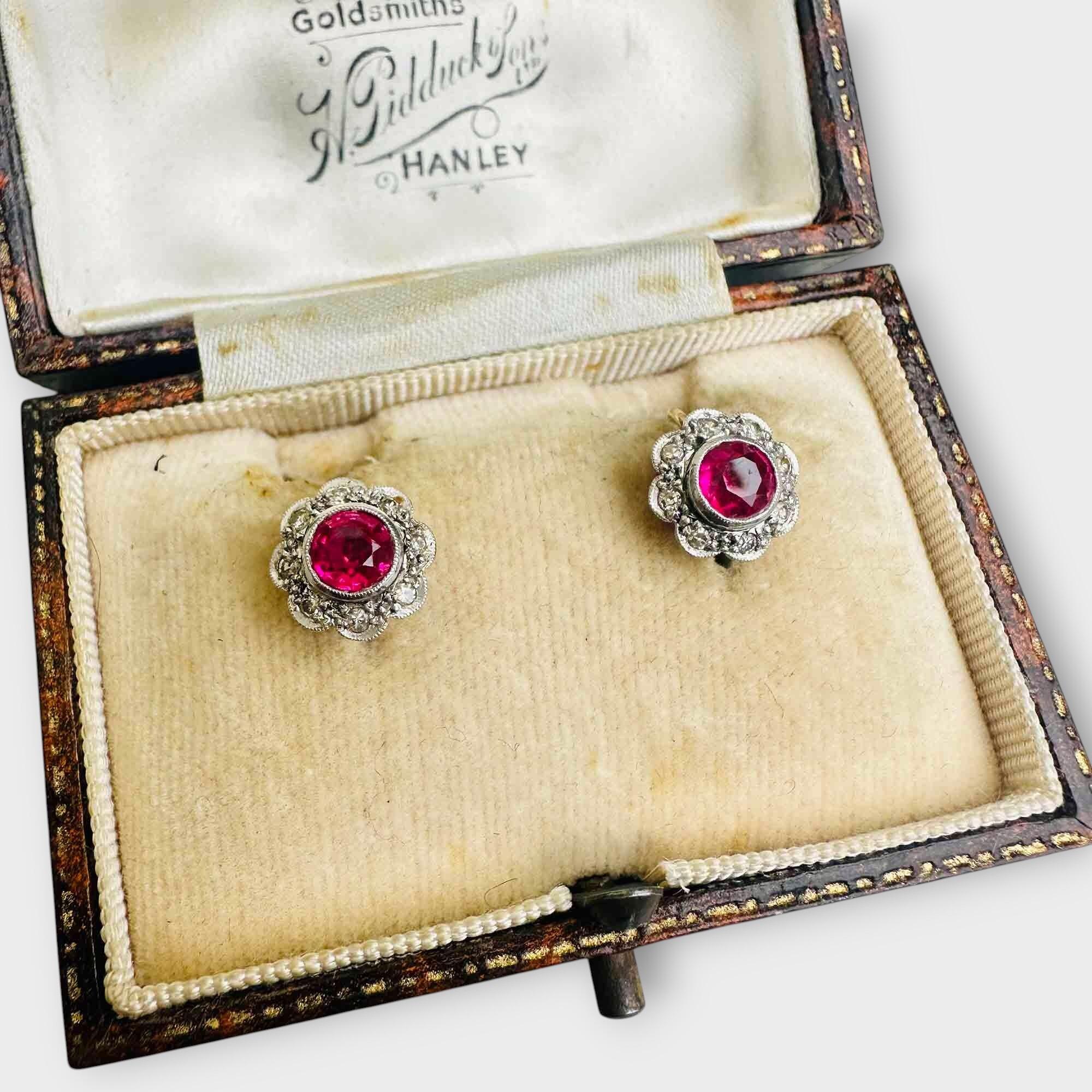 Art Deco 9ct gold ruby and diamond cluster earrings with screw-on backs – side view