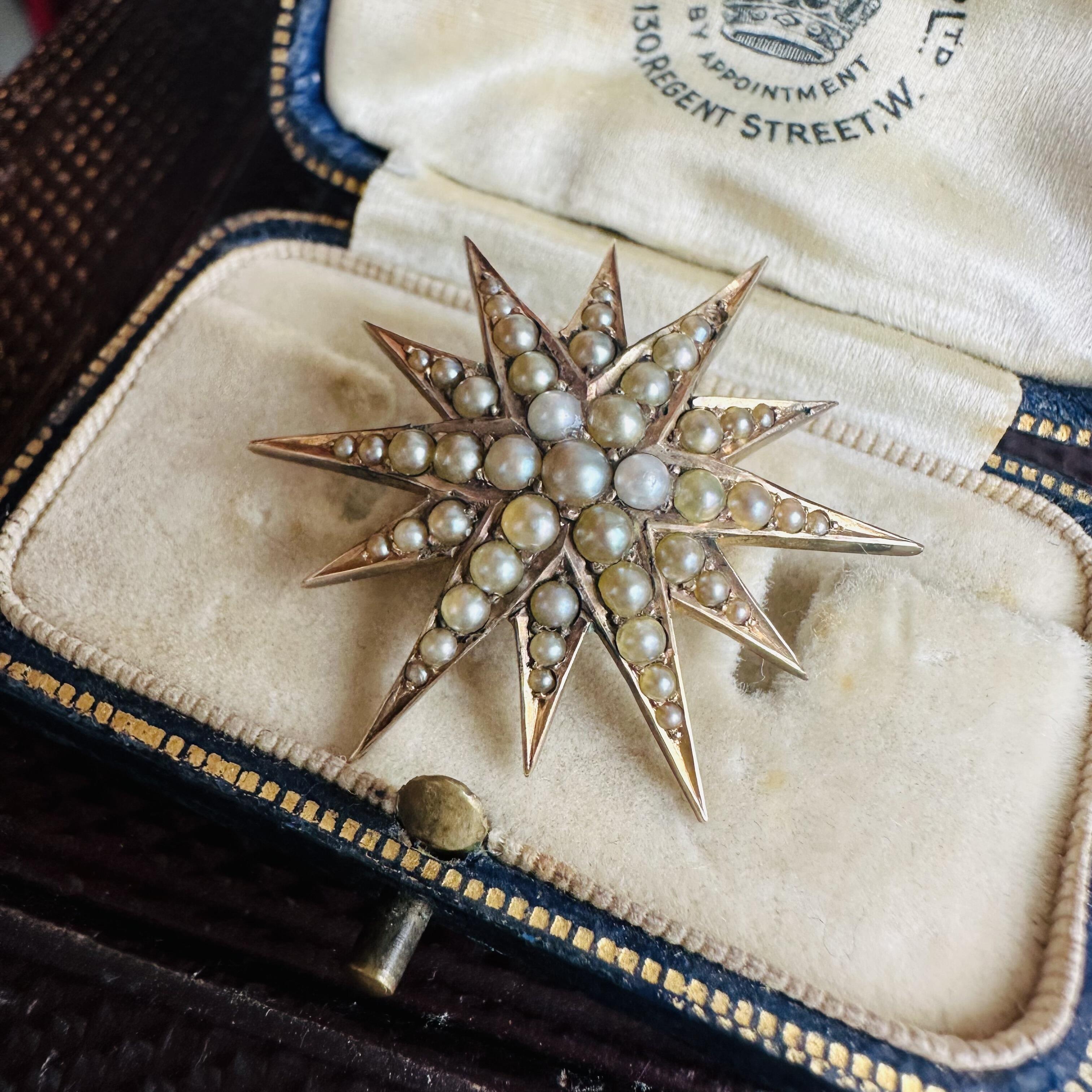 Victorian Enchanting Twelve-Pointed Celestial Pearl Star Pendant – 36 x 26.5mm, displayed in antique box.