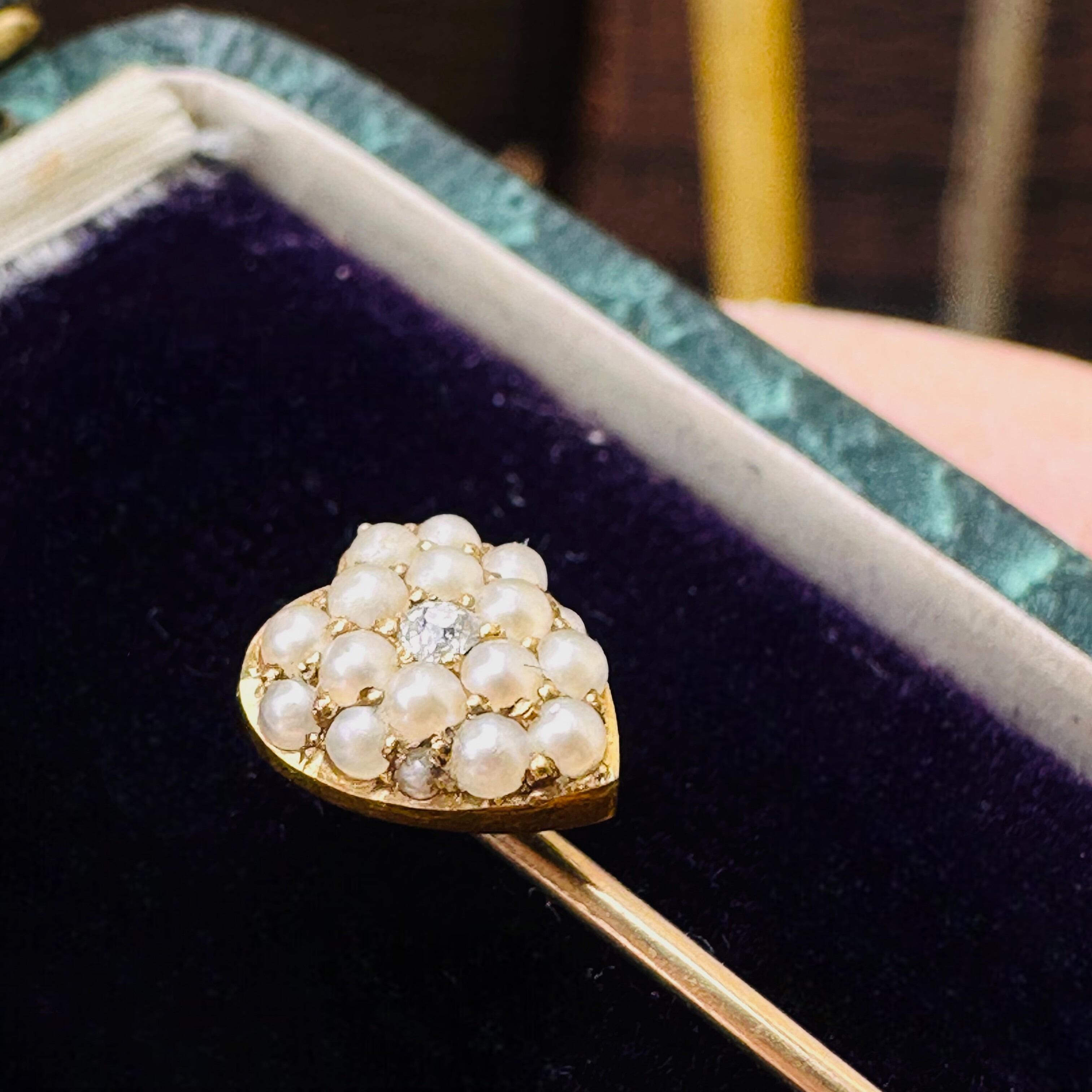 15k Gold Heart-Shaped Pearl & Diamond Stick Pin displayed in antique box