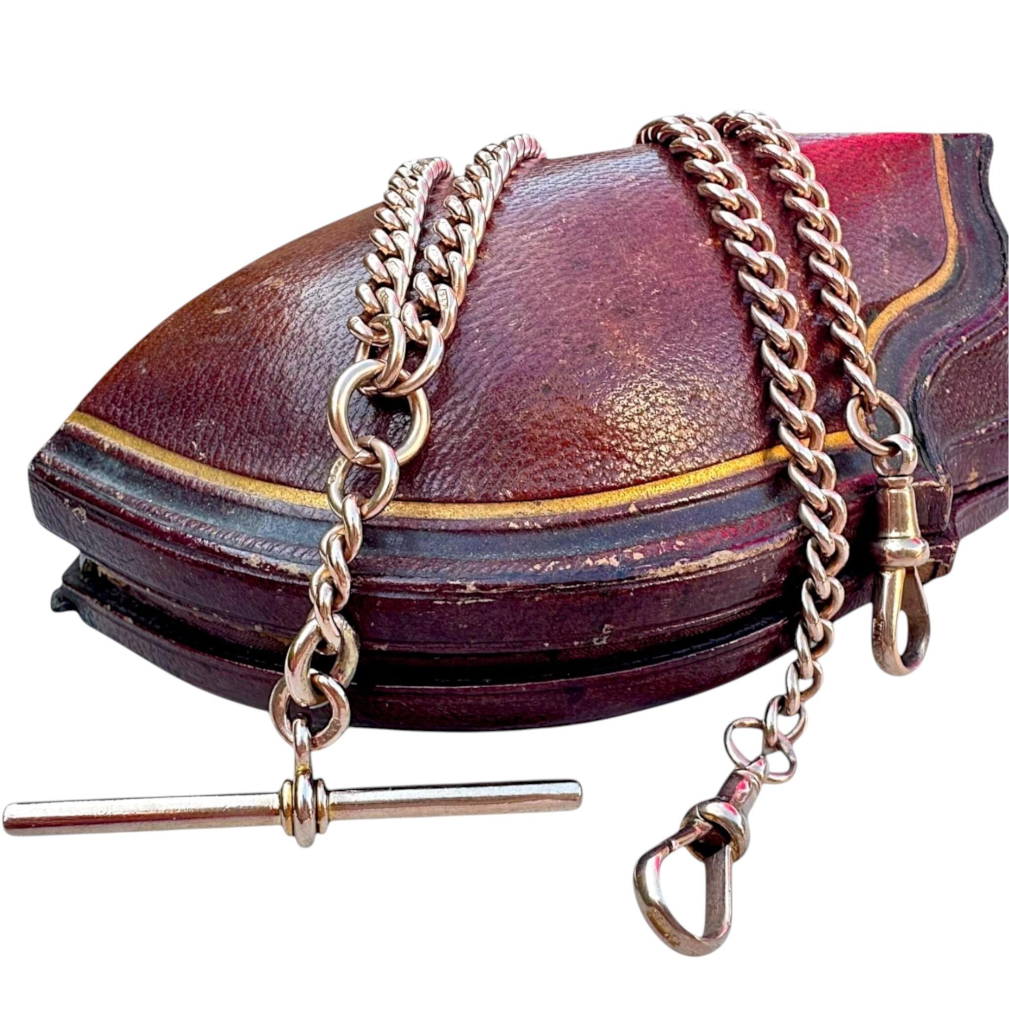 Rose Gold Albert Chain, Dog Clips & T-Bar displayed on antique box with white background