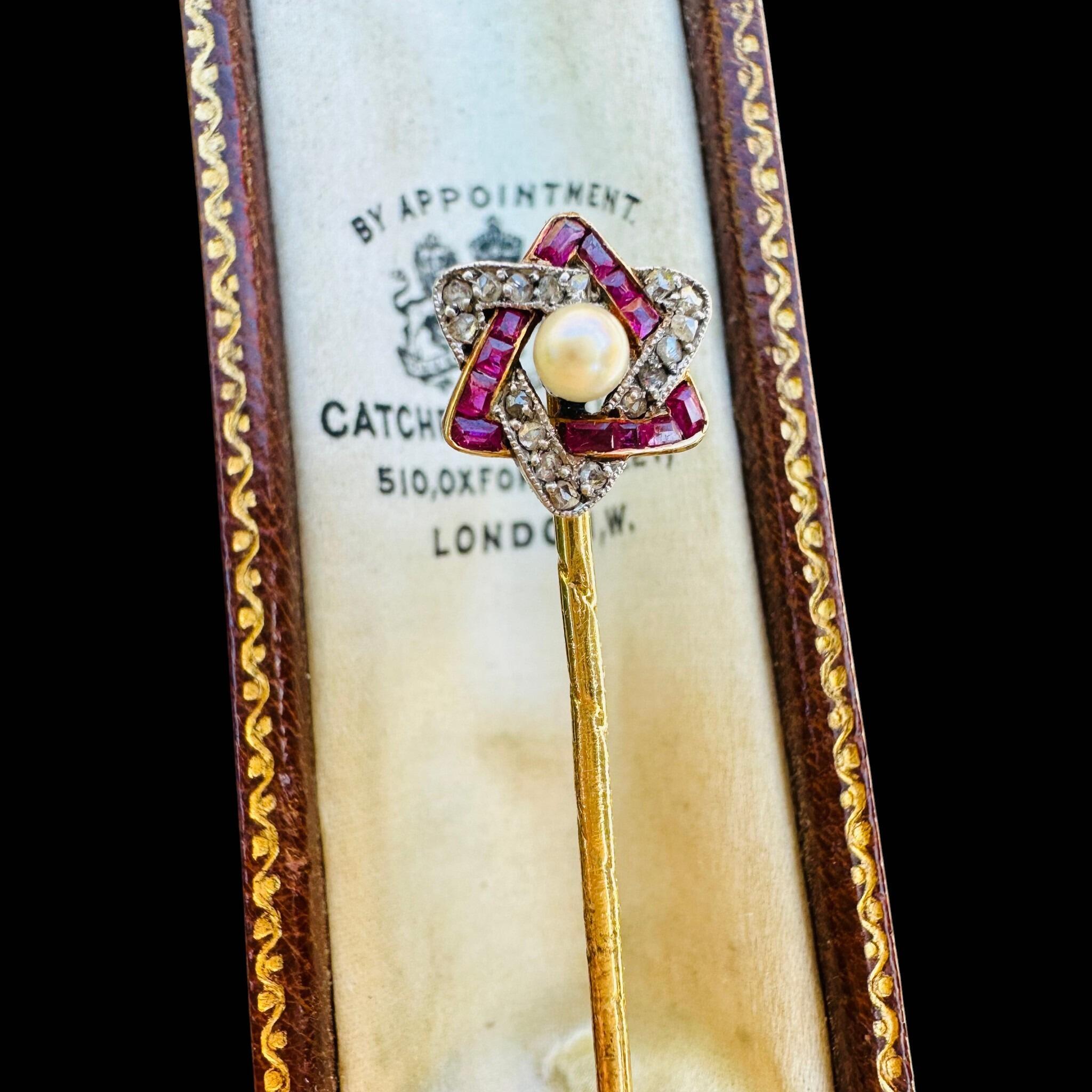 Antique Ruby Diamond & Pearl Star Stick Pin in Original Box with black backdrop