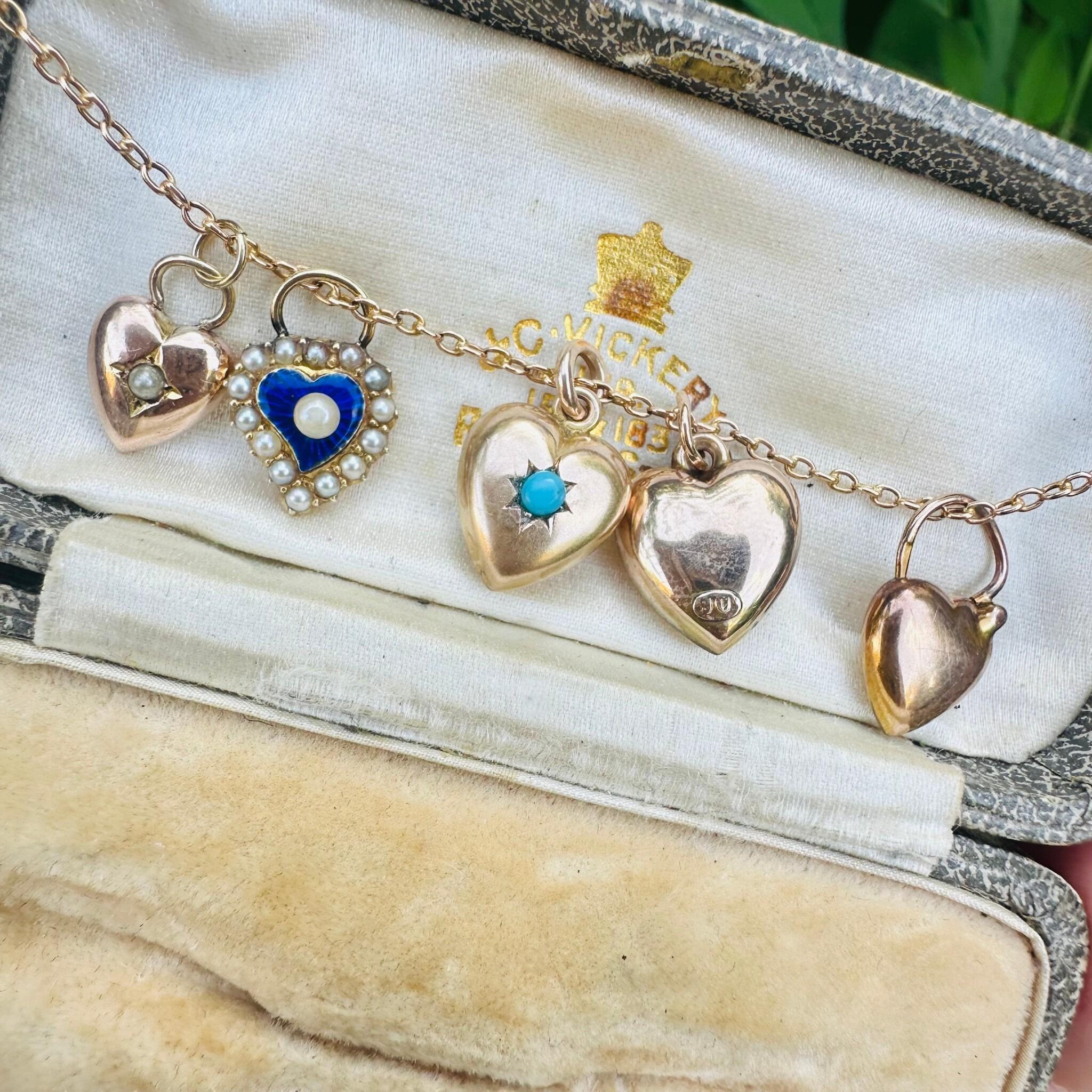 Antique Art Deco, Gold & Turquoise Puffy Heart Pendant