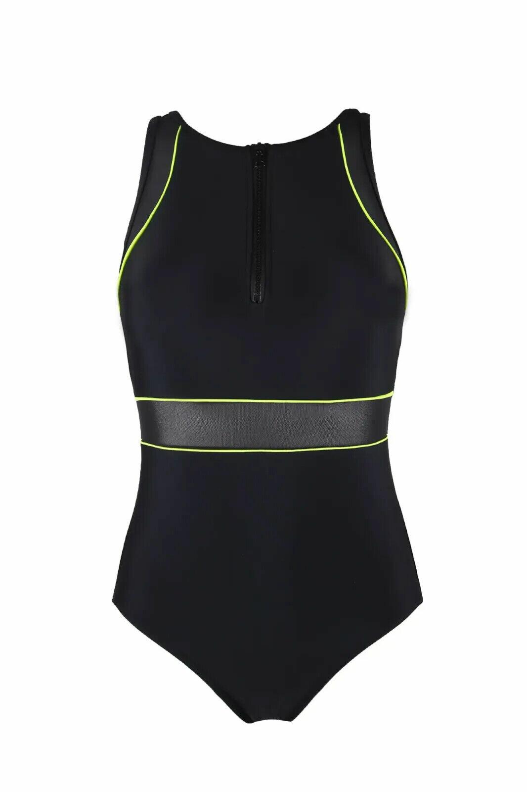 Pour Moi 1431 Energy Black/Lime Chlorine Resistant High Neck Front Zip  Swimsuit